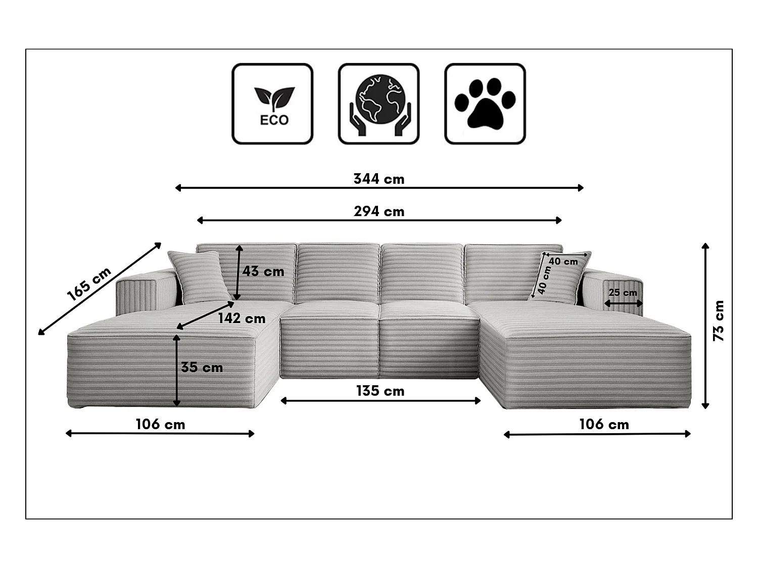 Canapé d'angle en U Siena avec tissu Velo gris clair