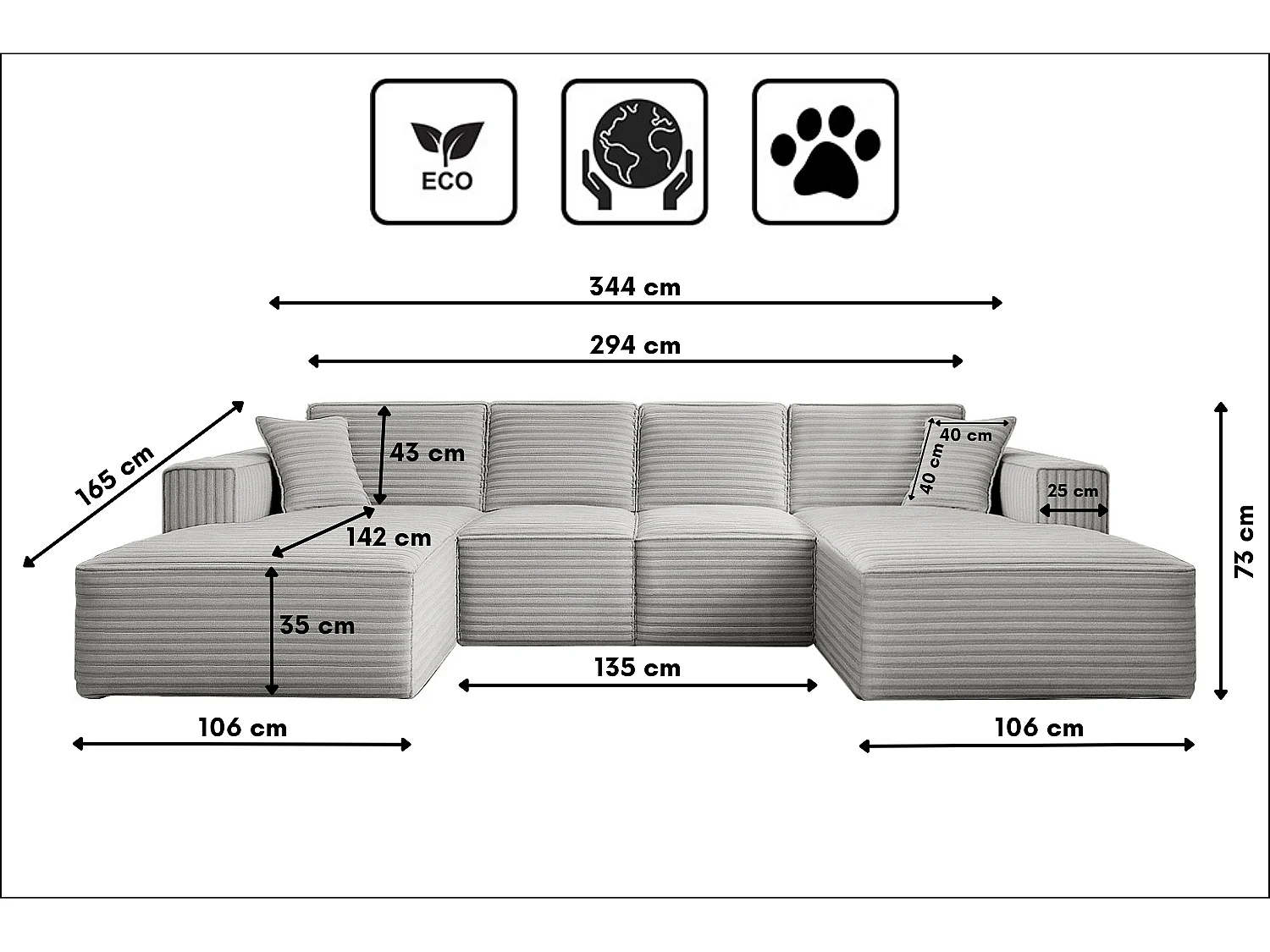 Canapé d'angle en U Siena avec tissu Velo gris clair