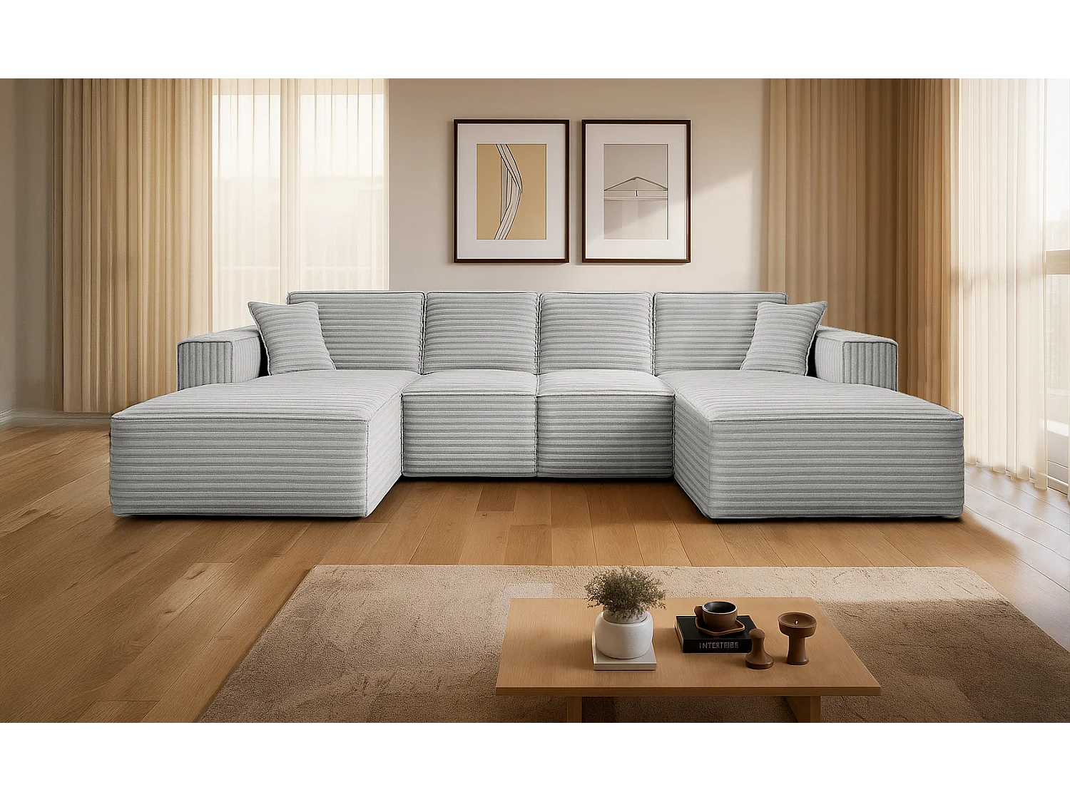 Canapé d'angle en U Siena avec tissu Velo gris clair