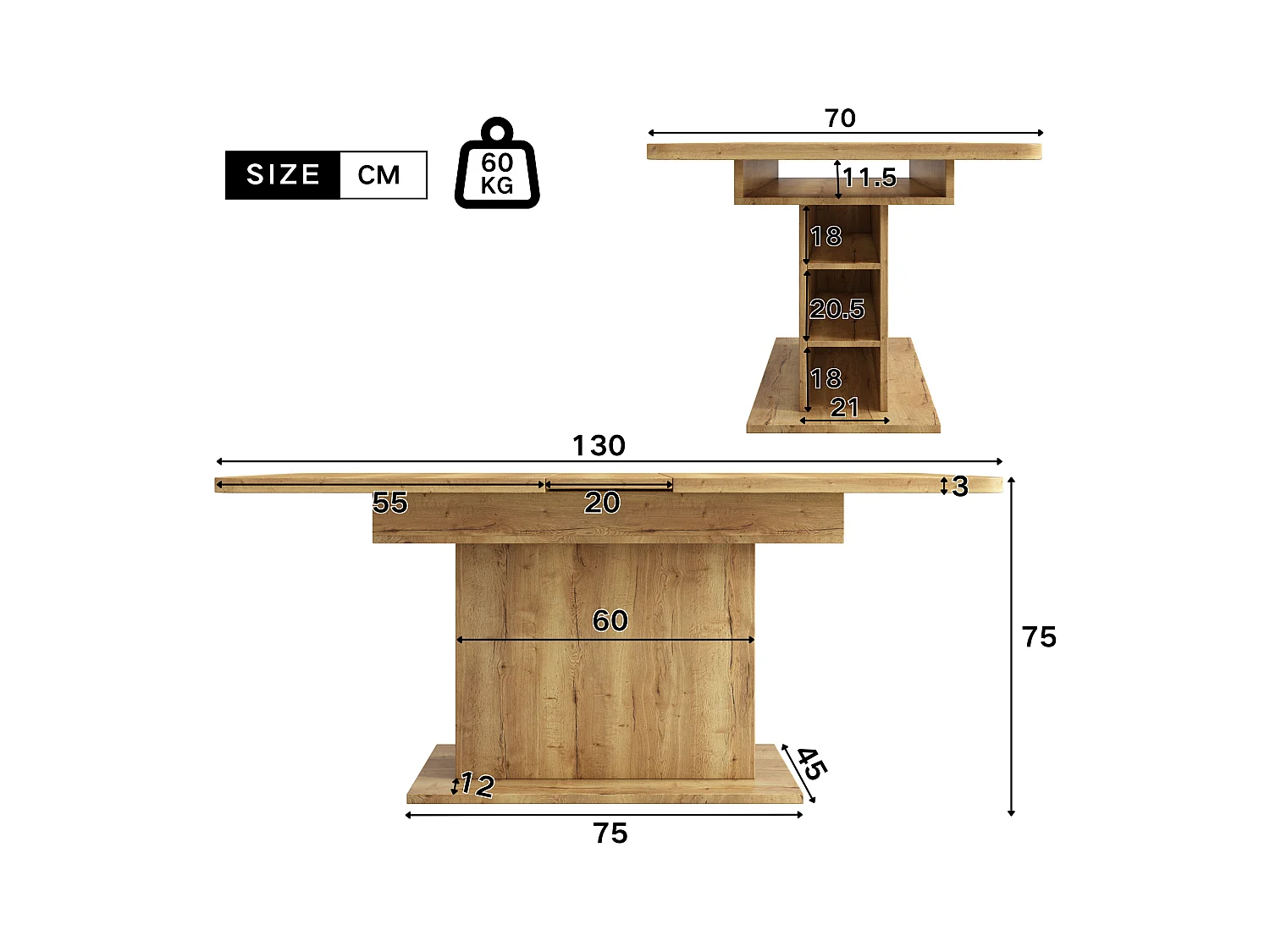 Mesa de comedor rectangular - Mesa de comedor natural con espacio de almacenamiento y tablero ajustable - Para comedor y sala de estar