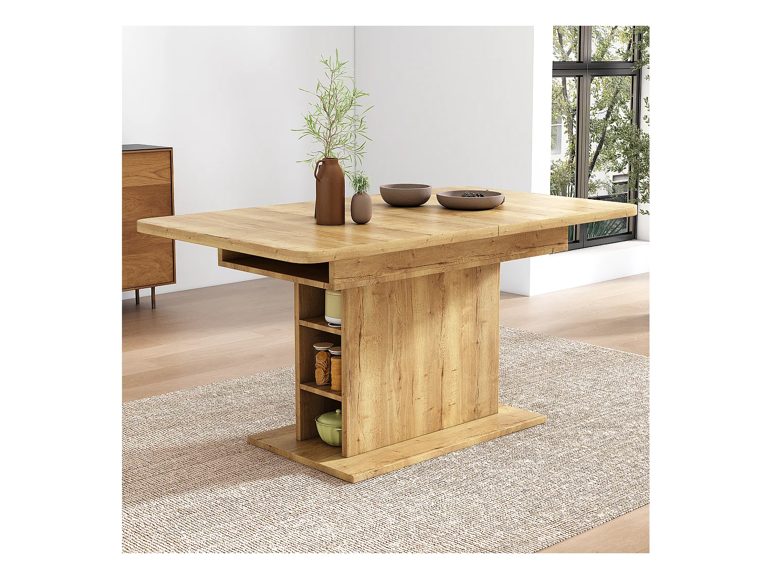 Table à manger rectangulaire - Table à manger naturel avec rangement et plateau réglable - pour salle à manger et salon