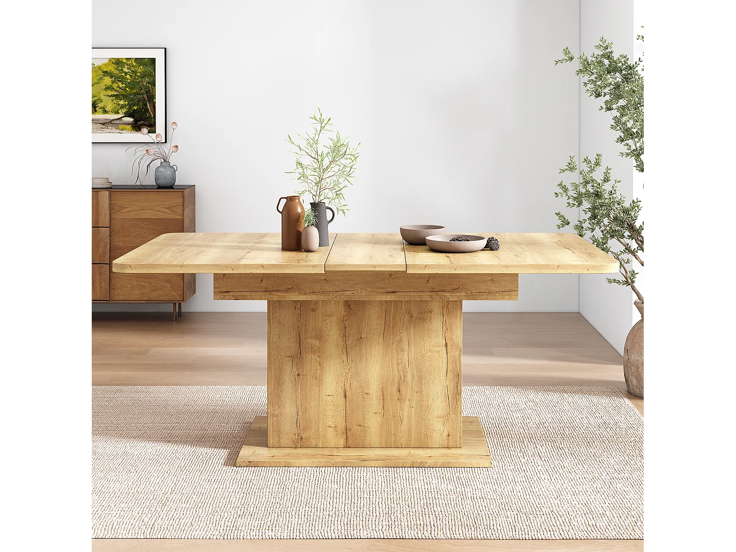 Table à manger rectangulaire - Table à manger naturel avec rangement et plateau réglable - pour salle à manger et salon