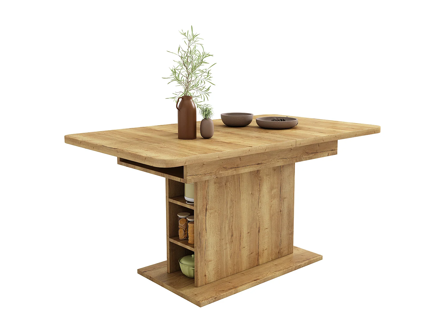 Table à manger rectangulaire - Table à manger naturel avec rangement et plateau réglable - pour salle à manger et salon