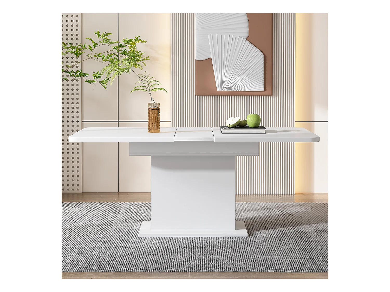 Table à manger rectangulaire - Table à manger blanche avec rangement et plateau réglable - pour salle à manger et salon