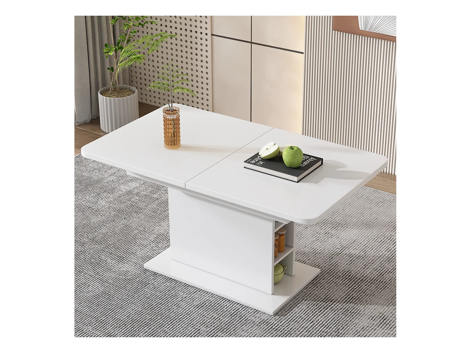 Table à manger rectangulaire - Table à manger blanche avec rangement et plateau réglable - pour salle à manger et salon