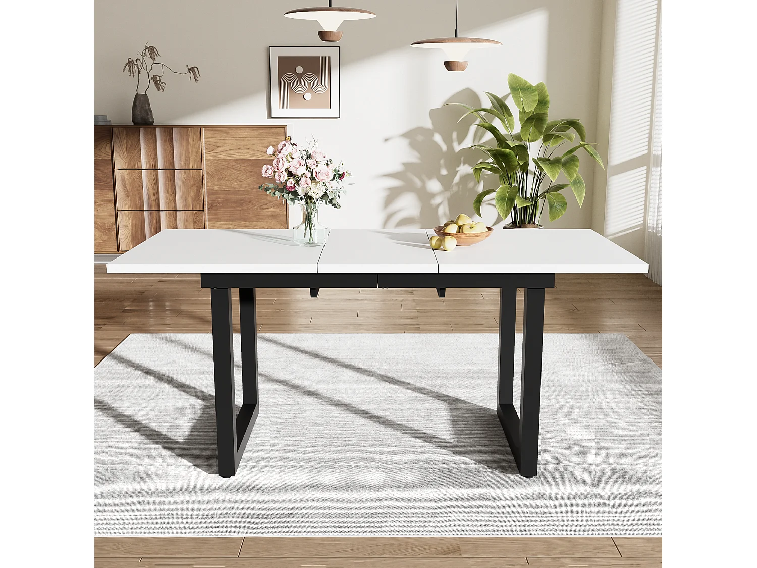 Table à manger rectangulaire - avec plateau blanc rétractable - pieds en métal noir - pour salle à manger et salon