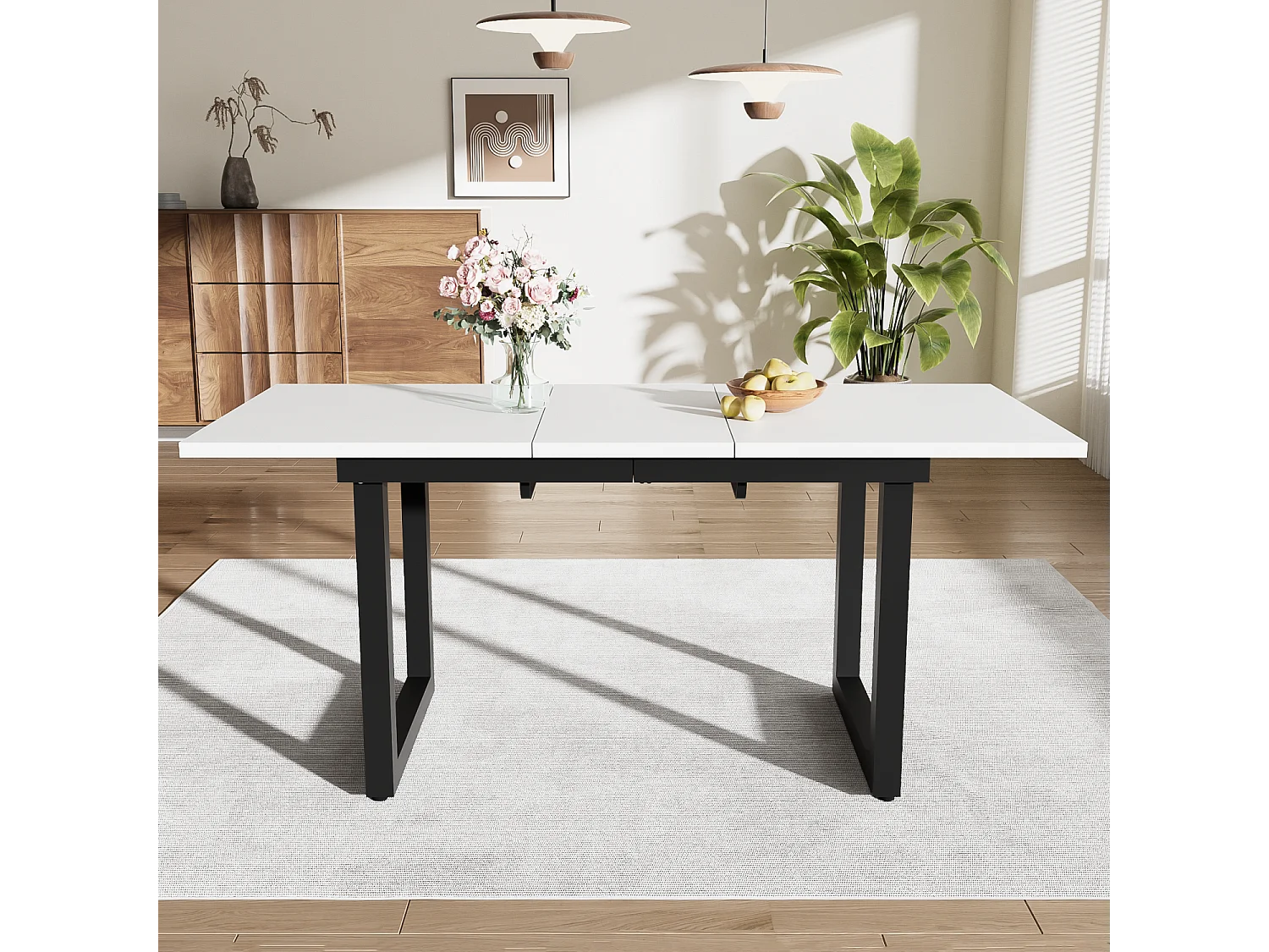 Table à manger rectangulaire - avec plateau blanc rétractable - pieds en métal noir - pour salle à manger et salon