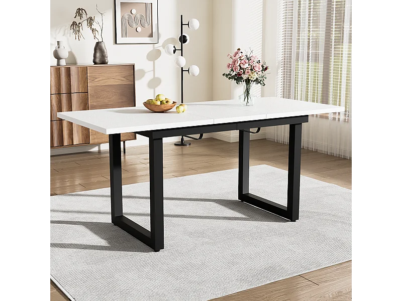 Mesa de comedor rectangular - con tablero retráctil blanco - patas de metal negro - para comedor y sala de estar