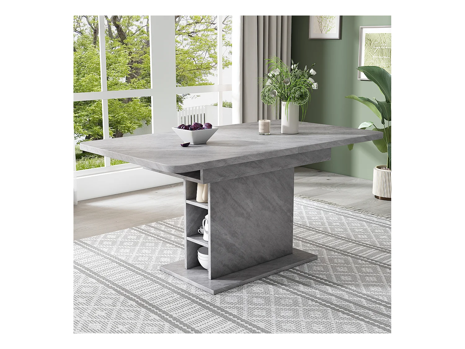 Table à manger rectangulaire - Table à manger grise avec rangement et plateau réglable - pour salle à manger et salon