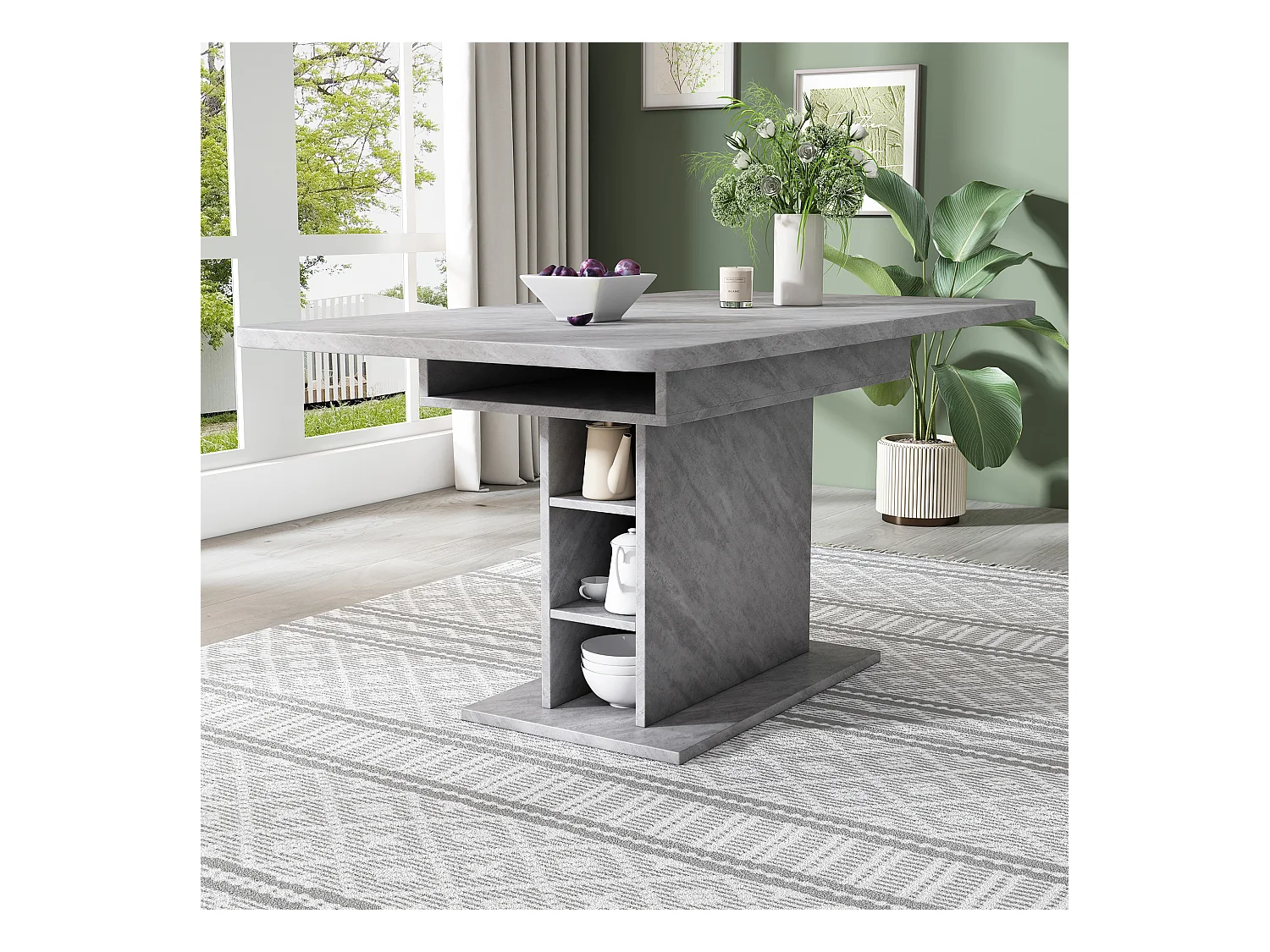 Table à manger rectangulaire - Table à manger grise avec rangement et plateau réglable - pour salle à manger et salon