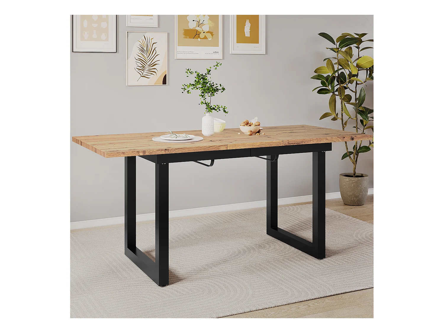 Table à manger rectangulaire - avec plateau rétractable en chêne - pieds en métal noir - pour salle à manger et salon