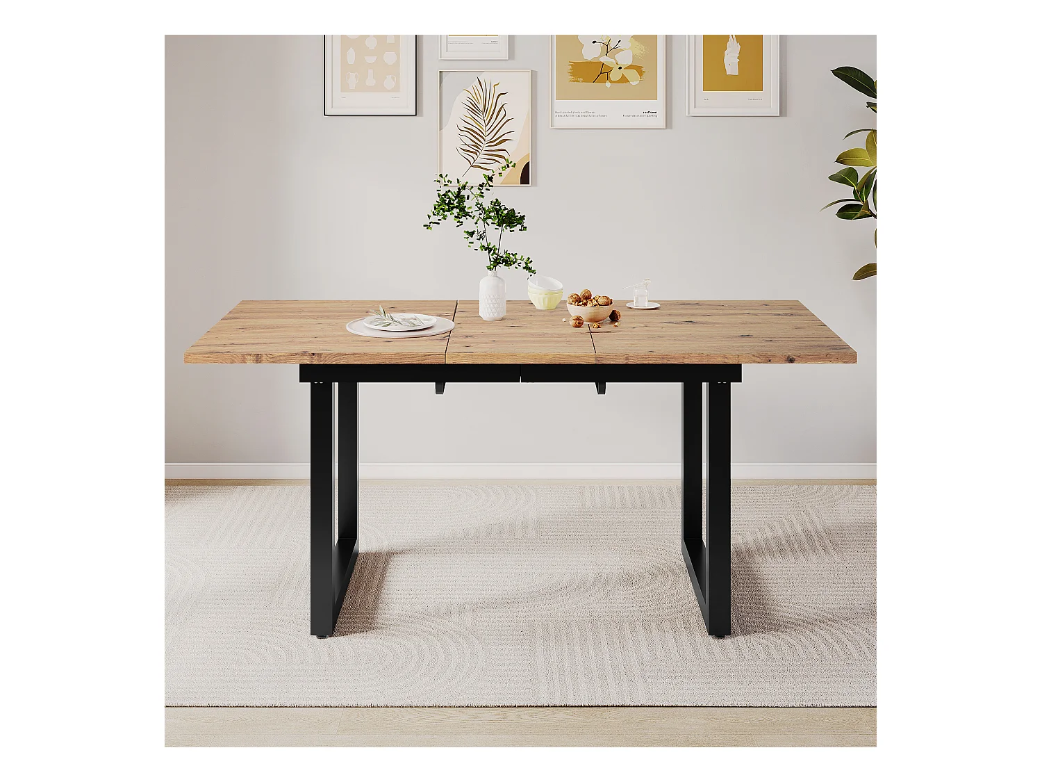 Table à manger rectangulaire - avec plateau rétractable en chêne - pieds en métal noir - pour salle à manger et salon