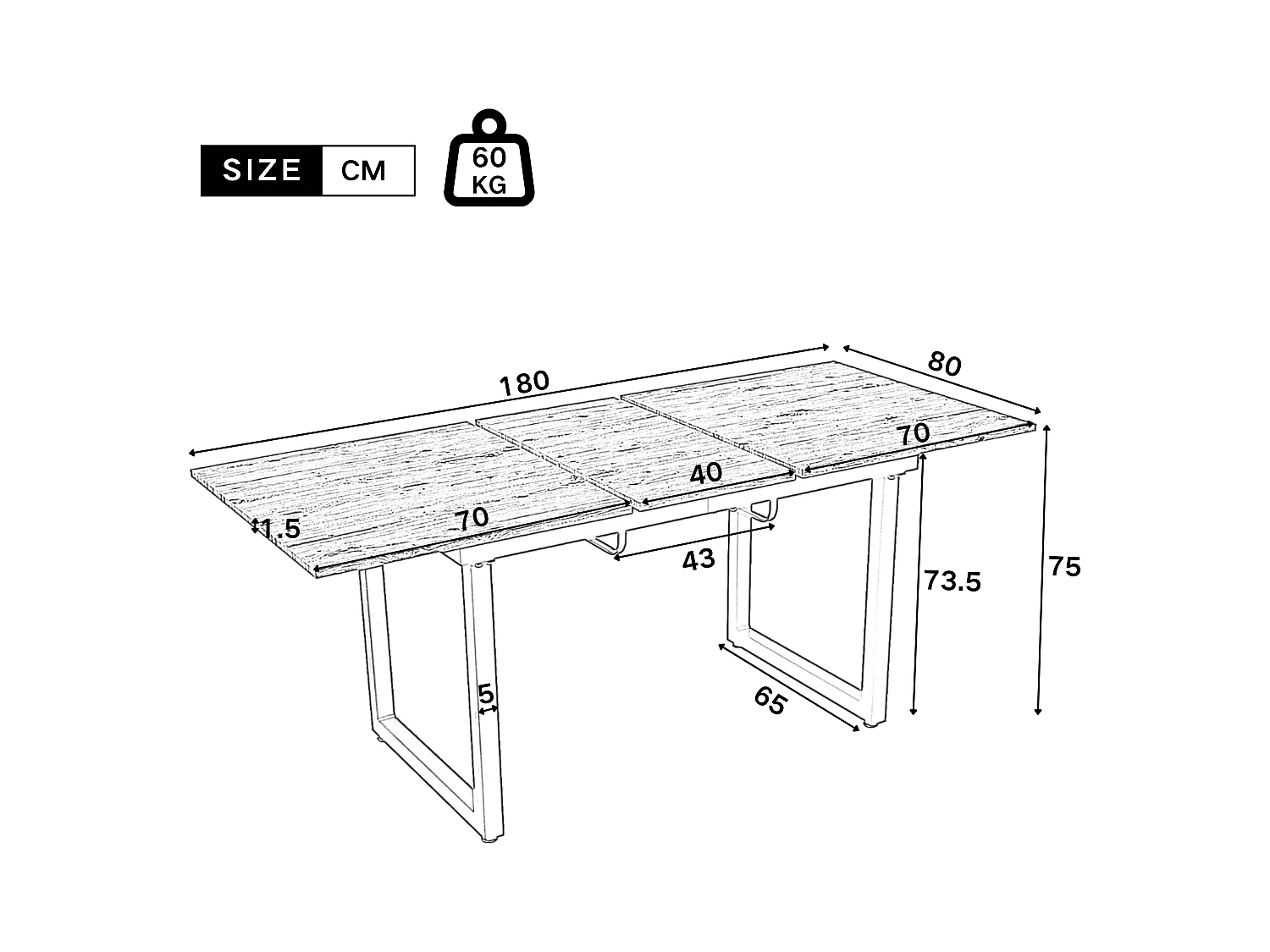 Table à manger rectangulaire - avec plateau rétractable en chêne - pieds en métal noir - pour salle à manger et salon