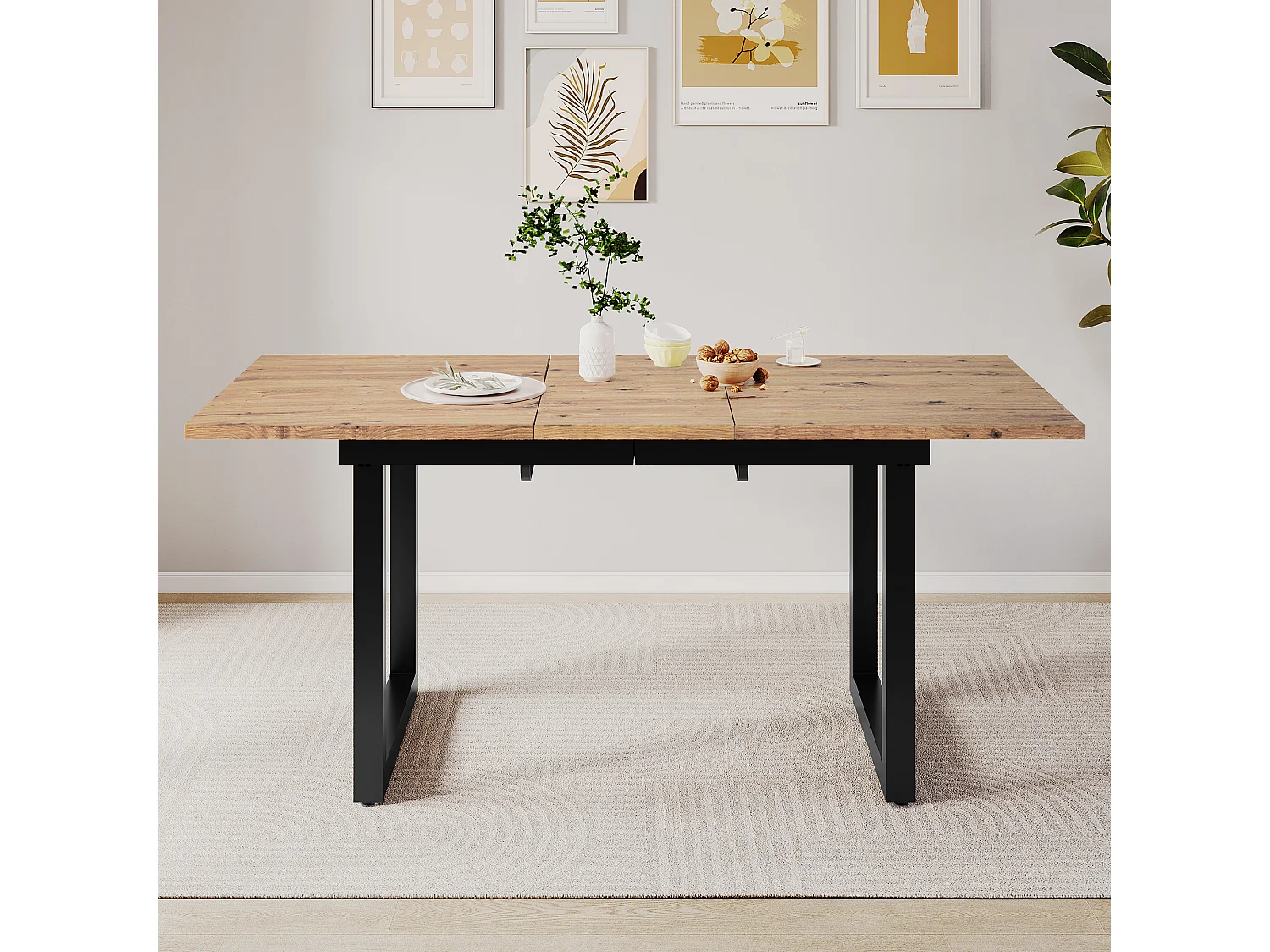 Tavolo da pranzo rettangolare - con piano in rovere retrattile - gambe in metallo nero - per sala da pranzo e soggiorno