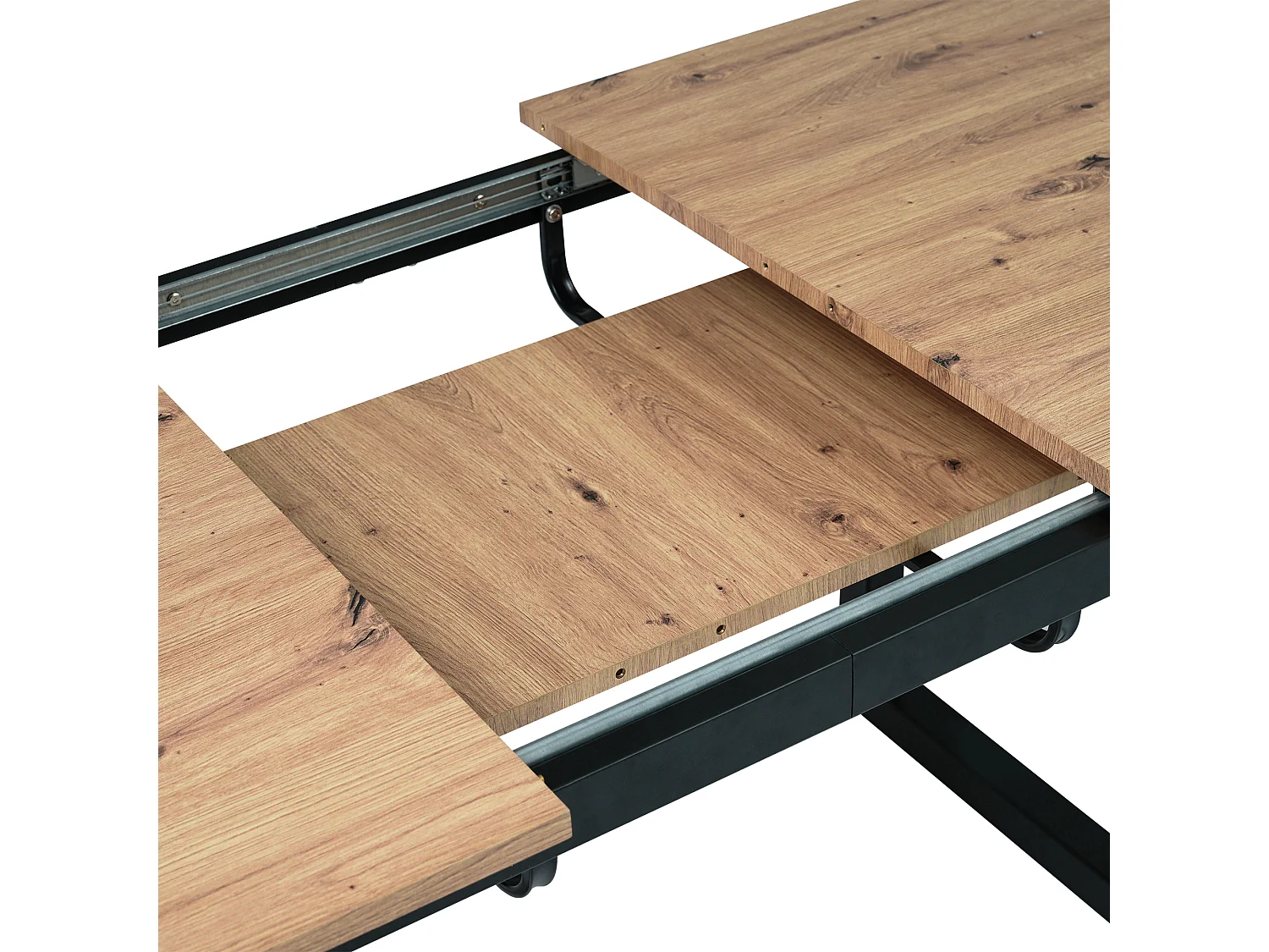 Tavolo da pranzo rettangolare - con piano in rovere retrattile - gambe in metallo nero - per sala da pranzo e soggiorno