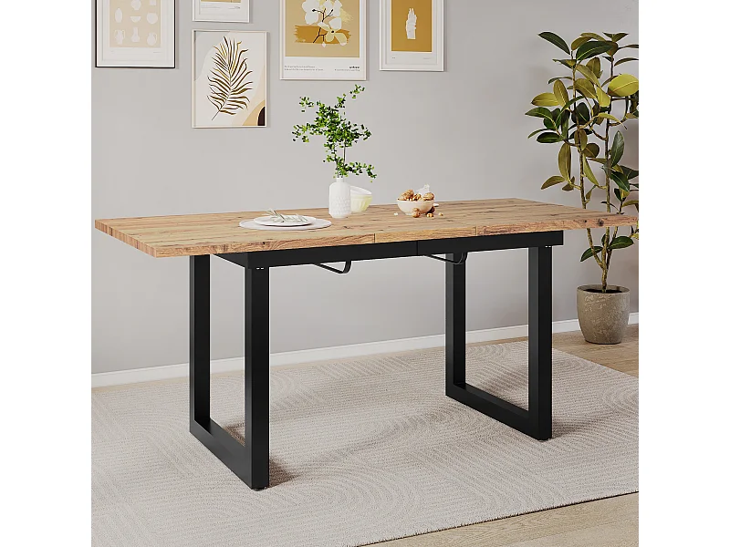 Tavolo da pranzo rettangolare - con piano in rovere retrattile - gambe in metallo nero - per sala da pranzo e soggiorno