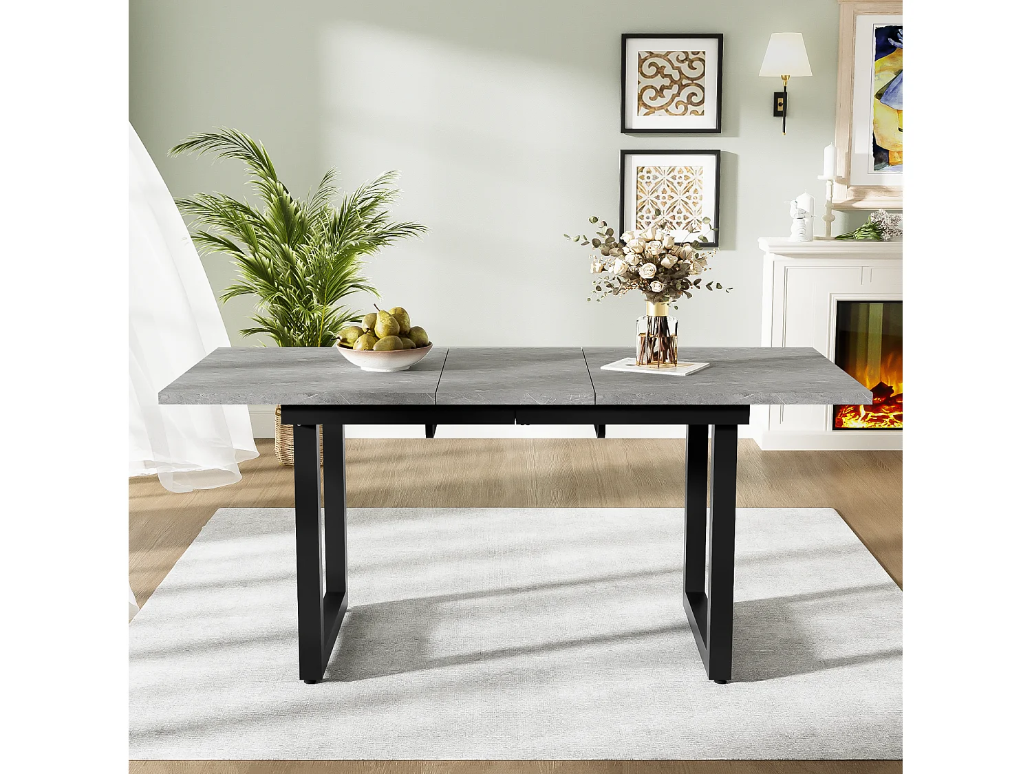 Mesa de comedor rectangular - con tablero retráctil - patas de metal negro - para comedor y sala de estar