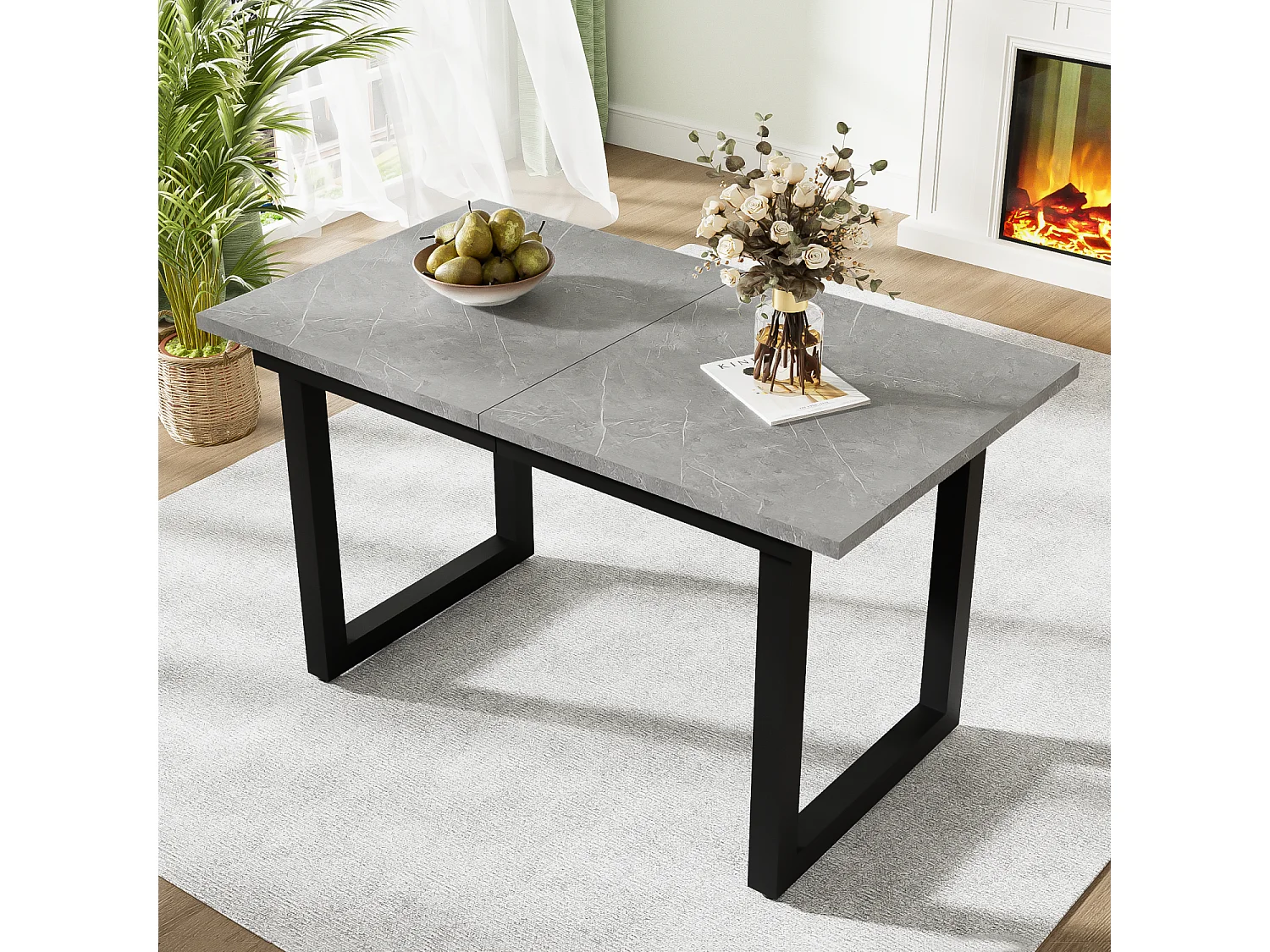 Mesa de comedor rectangular - con tablero retráctil - patas de metal negro - para comedor y sala de estar