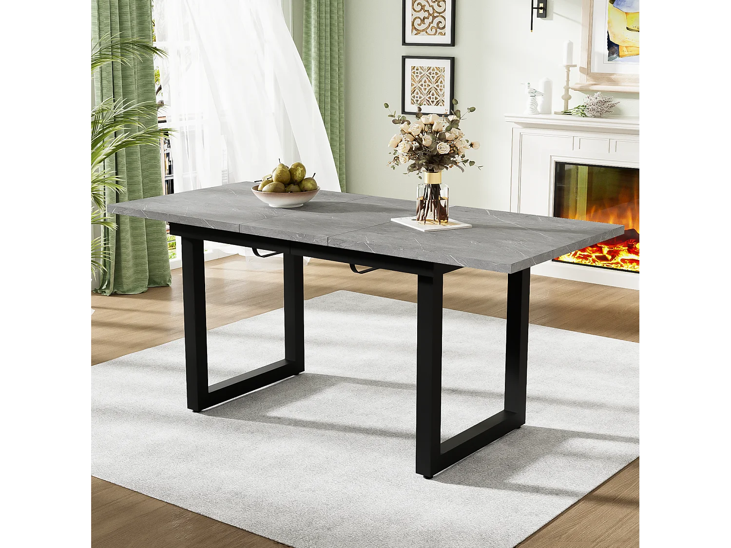 Table à manger rectangulaire - avec plateau rétractable - pieds en métal noir - pour salle à manger et salon