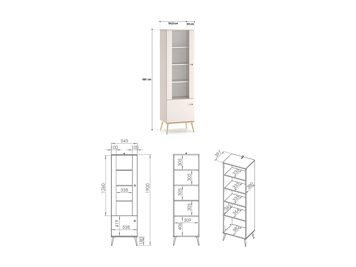 VITRINE Selgin Kaschmir / Gold 55 / 40 / 190cm mit Beleuchtung