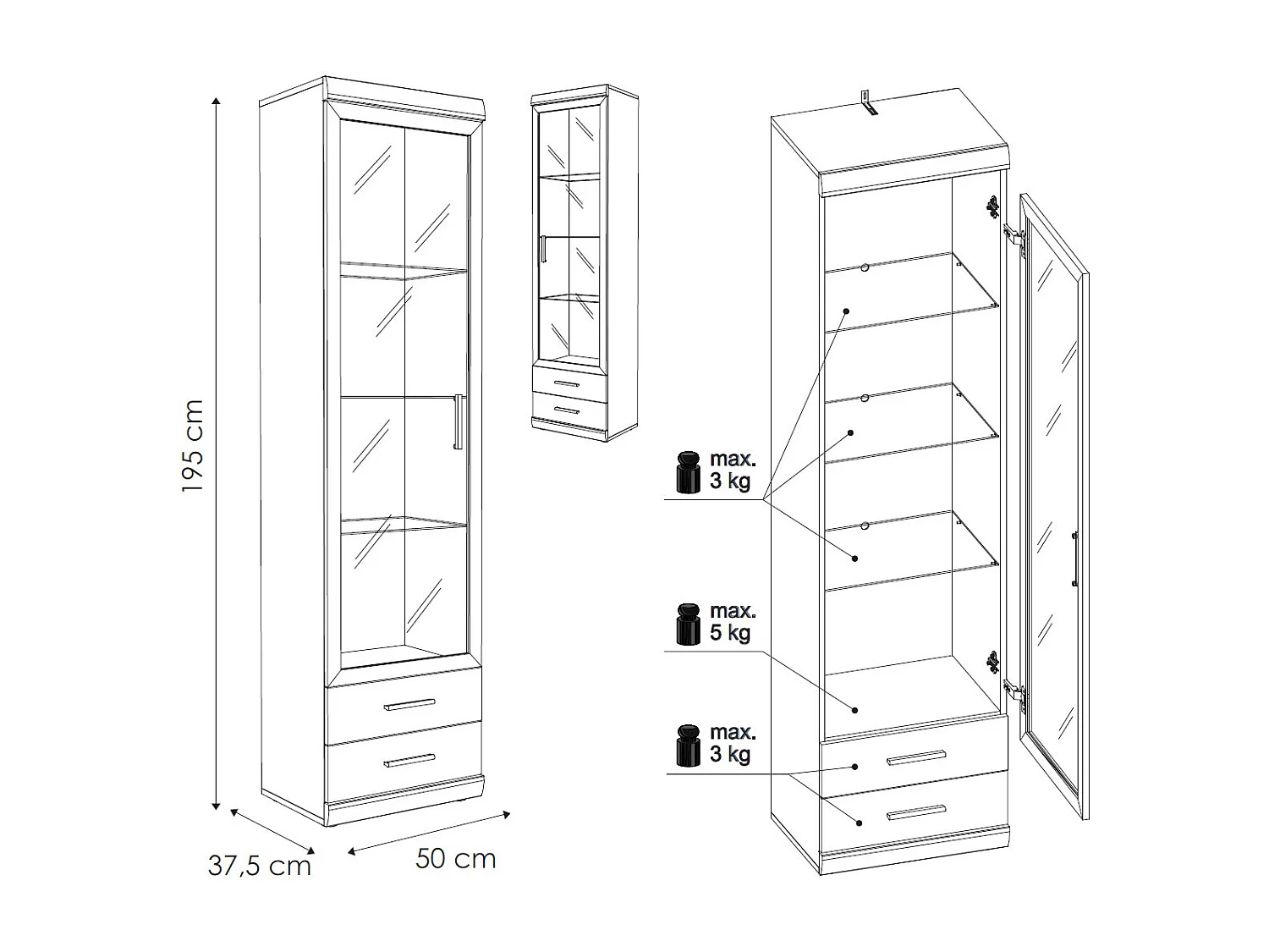STANDVITRINE Imperial Nussbaum Imperial 50 / 37,5 / 195 cm