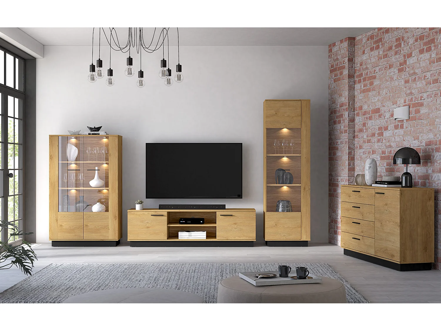 VITRINE Modesto Eiche Style hell / Schwarz 92 / 40 / 149 cm