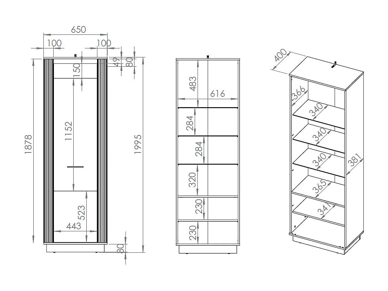 VITRINE Urso Gold Craft Eiche / Schwarz 65 / 40 / 200 cm