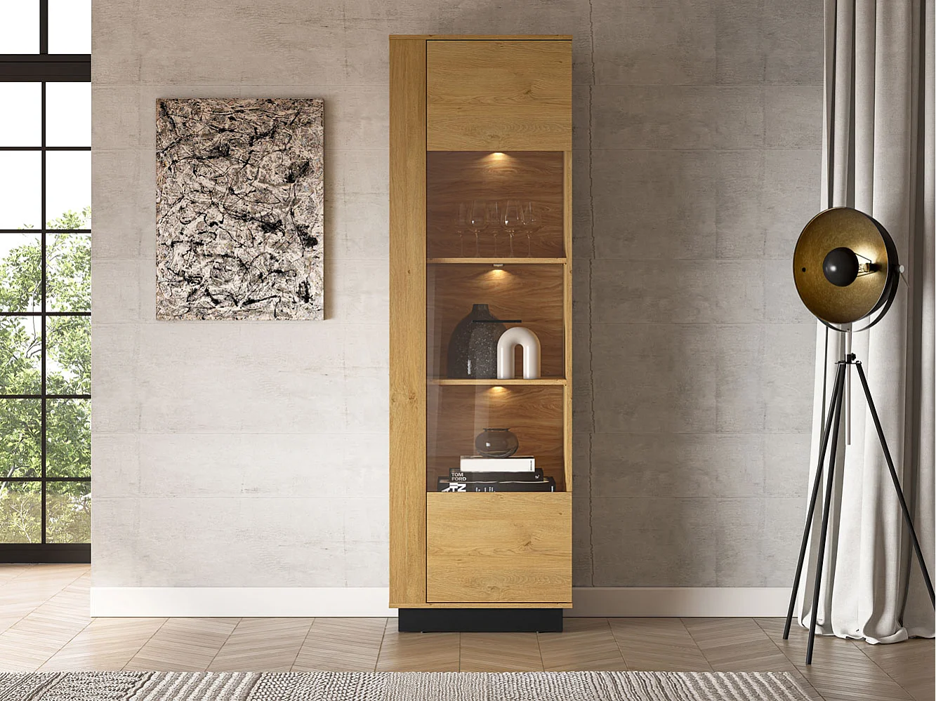 VITRINE Modesto Eiche Style hell / Schwarz 60 / 40 / 196 cm