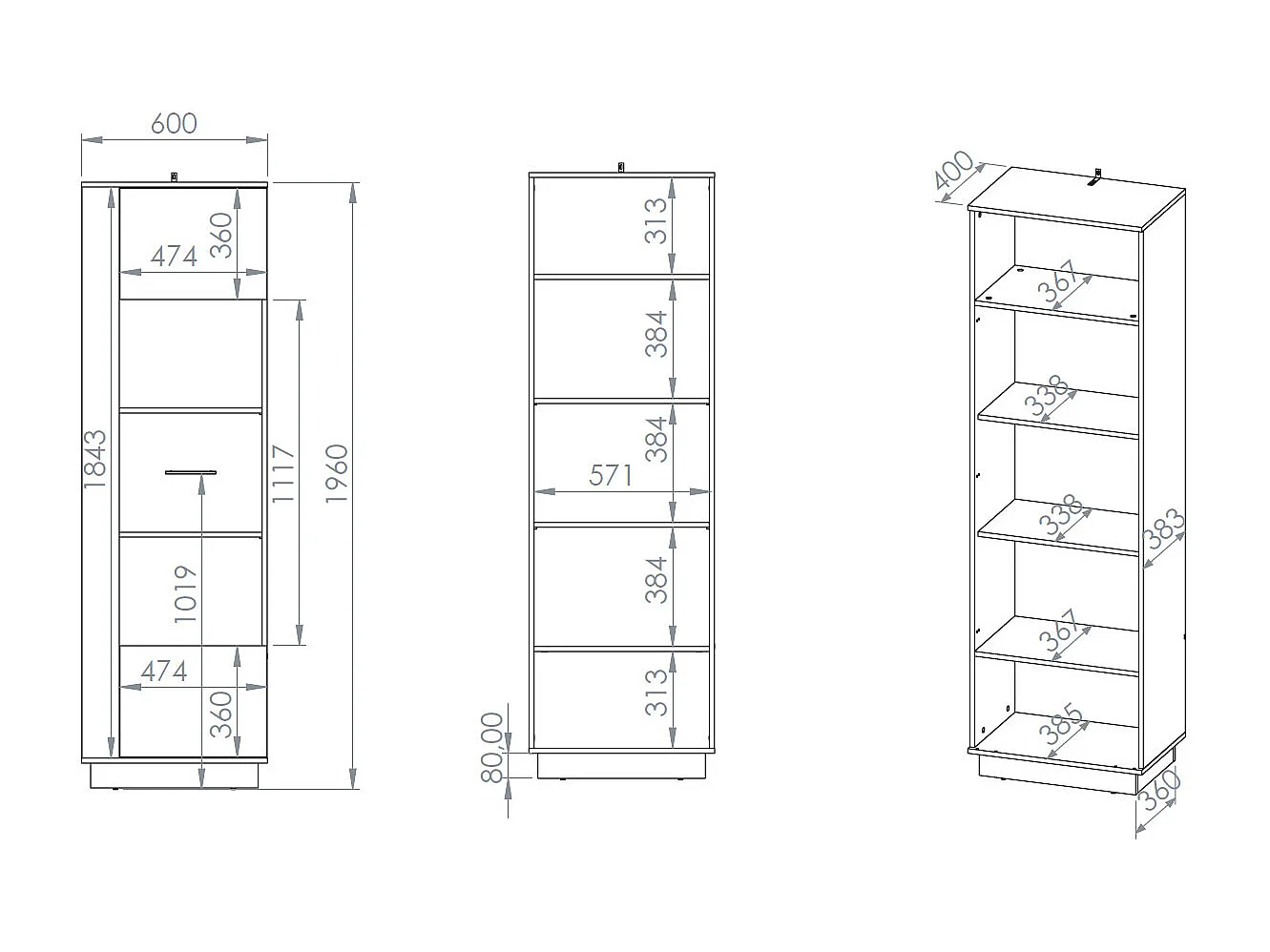 VITRINE Modesto Eiche Style hell / Schwarz 60 / 40 / 196 cm