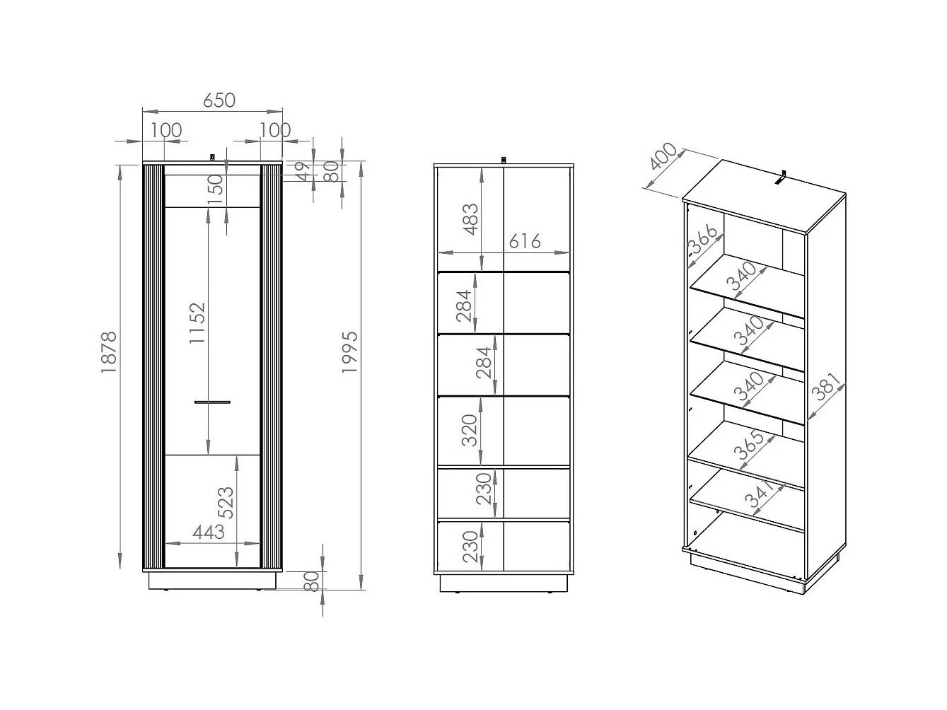 VITRINE Urso Gold Craft Eiche / Schwarz 65 / 40 / 200 cm
