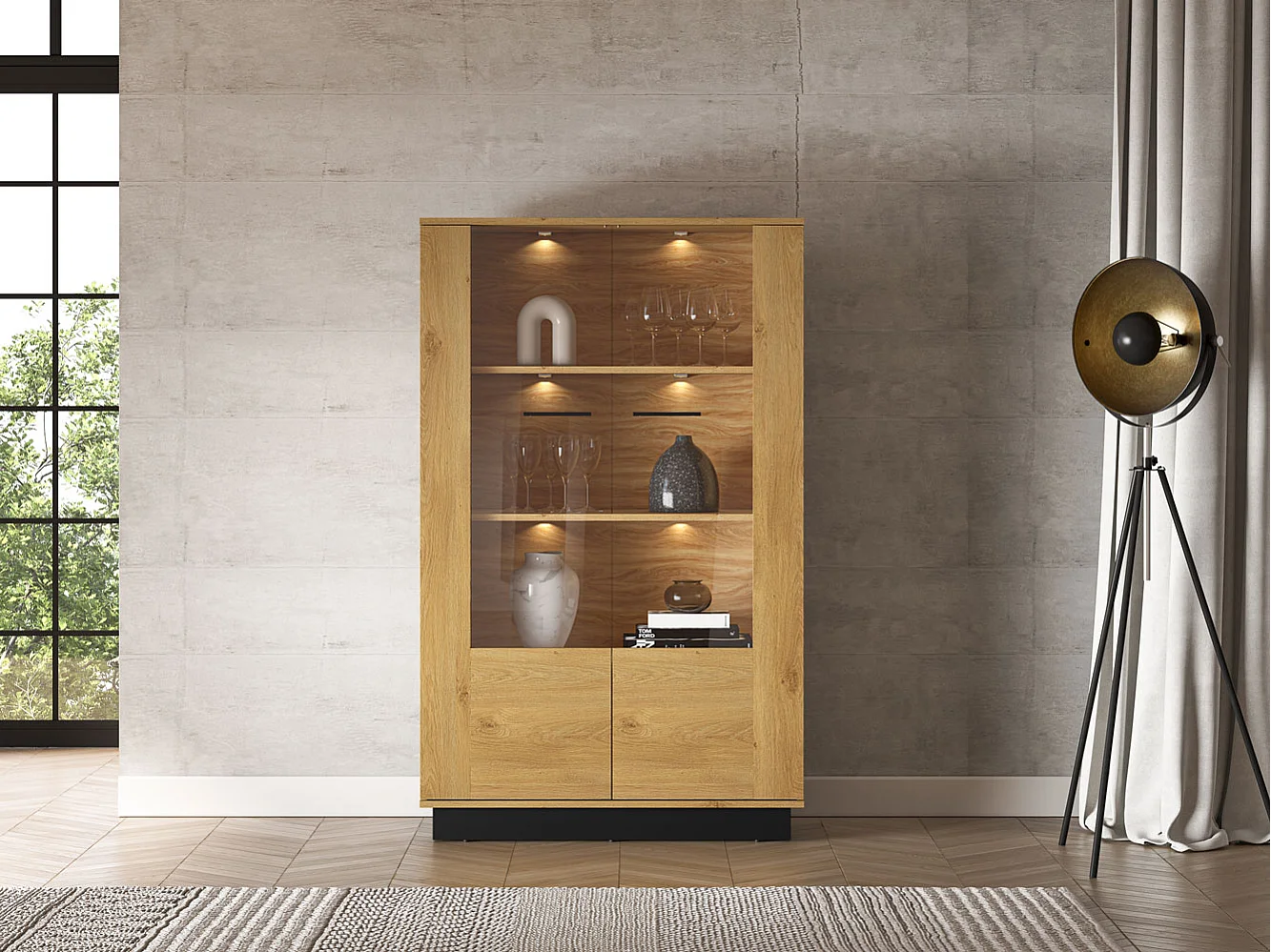 VITRINE Modesto Eiche Style hell / Schwarz 92 / 40 / 149 cm