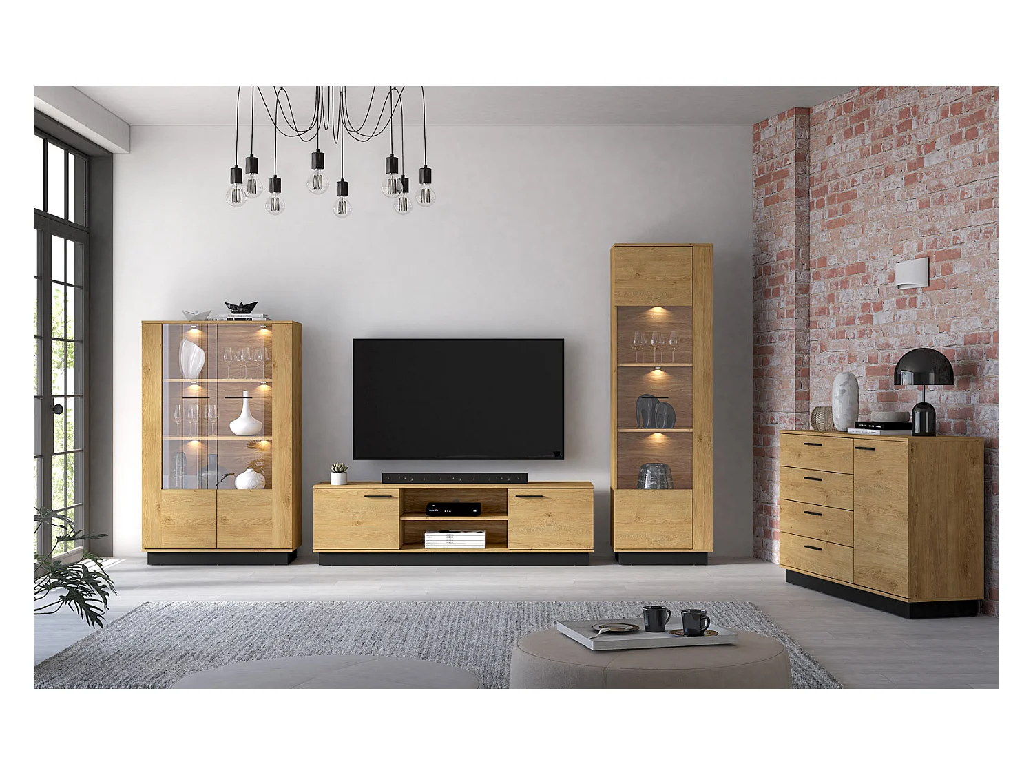 VITRINE Modesto Eiche Style hell / Schwarz 92 / 40 / 149 cm