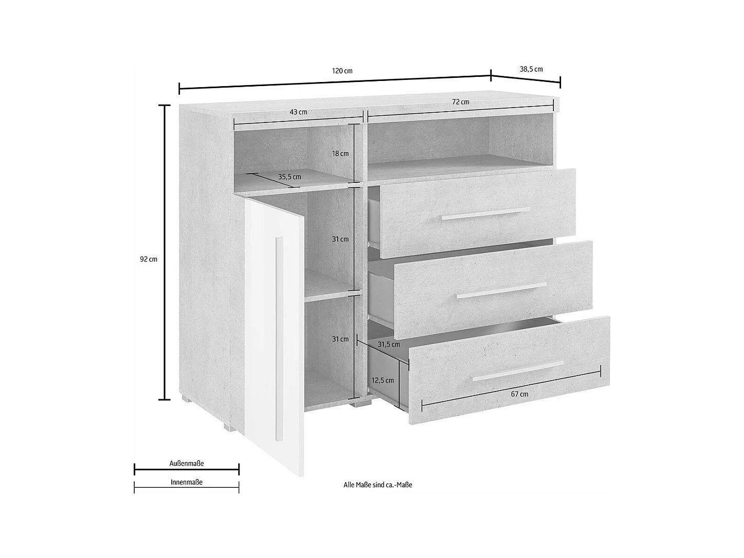 SIDEBOARD Rennes Andersen Pinie / Sonoma Trüffel 120 / 38,5 / 92cm
