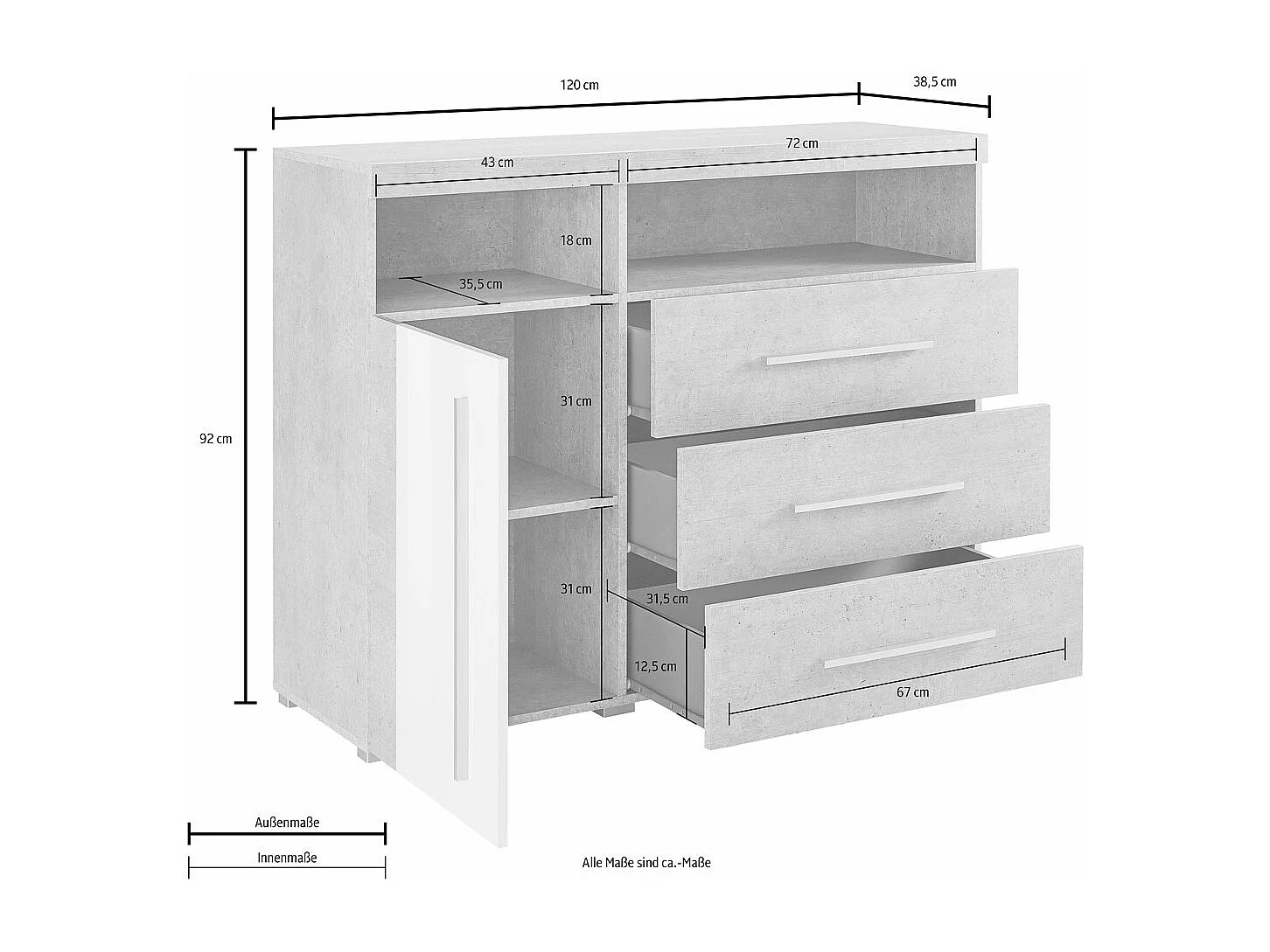 SIDEBOARD Rennes Andersen Pinie / Sonoma Trüffel 120 / 38,5 / 92cm