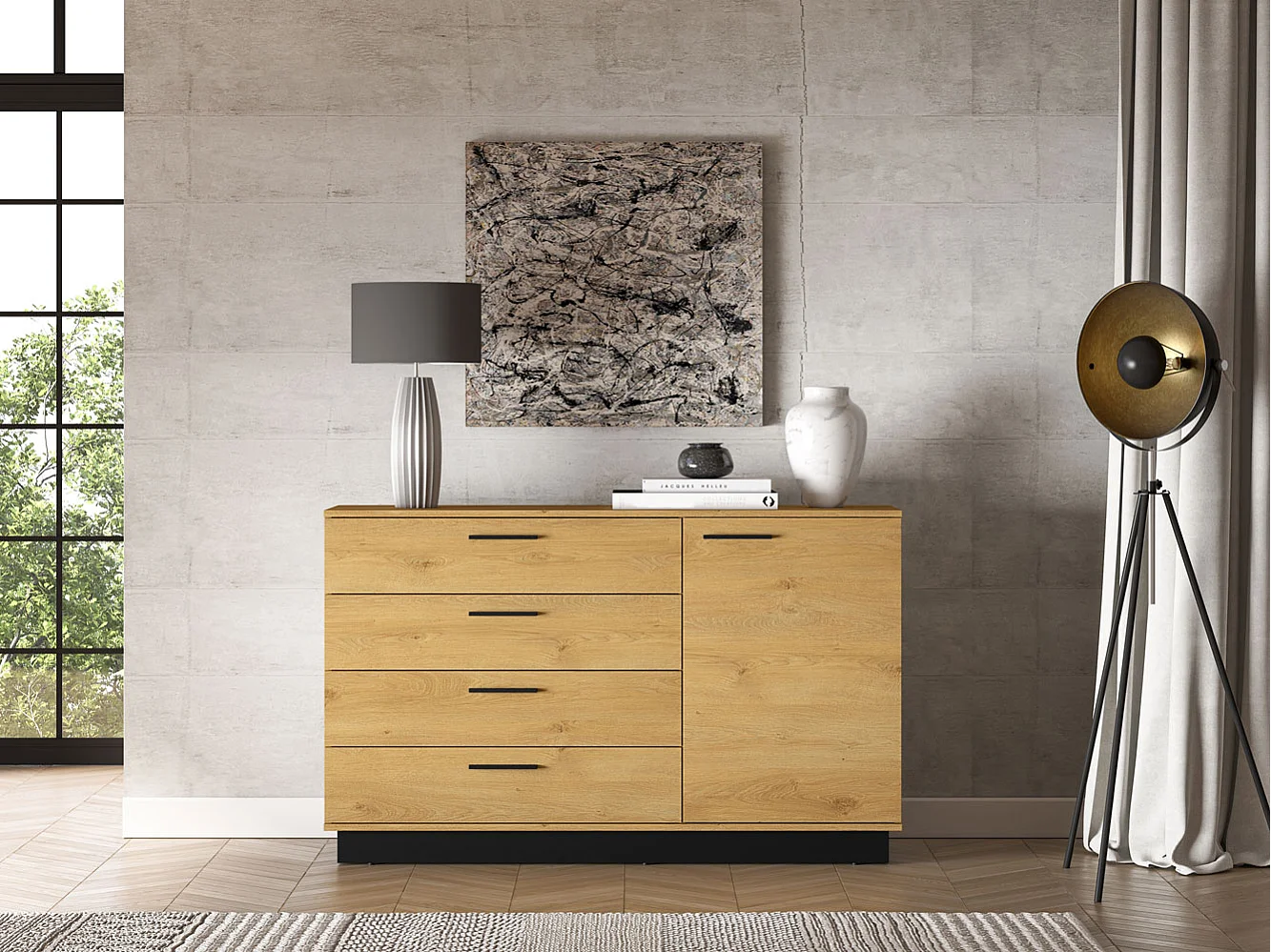 KOMMODE Modesto Eiche Style hell / Schwarz 138 / 40 / 86 cm