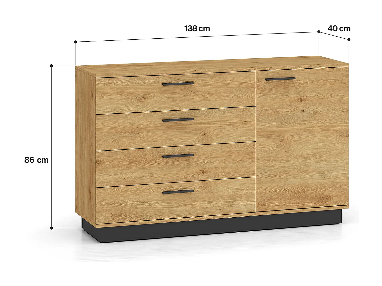 KOMMODE Modesto Eiche Style hell / Schwarz 138 / 40 / 86 cm