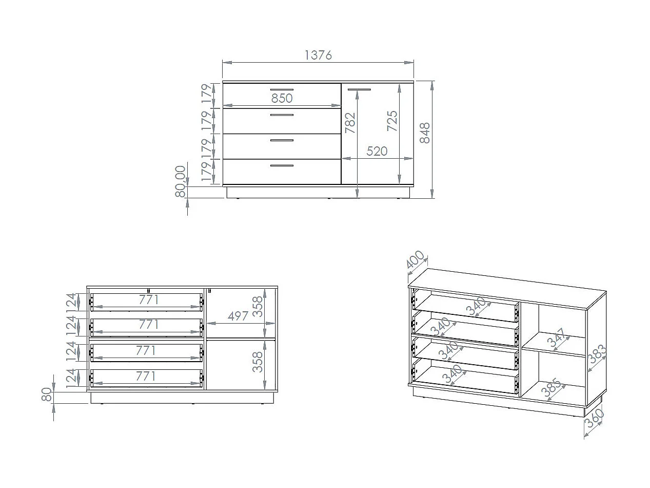 KOMMODE Modesto Eiche Style hell / Schwarz 138 / 40 / 86 cm