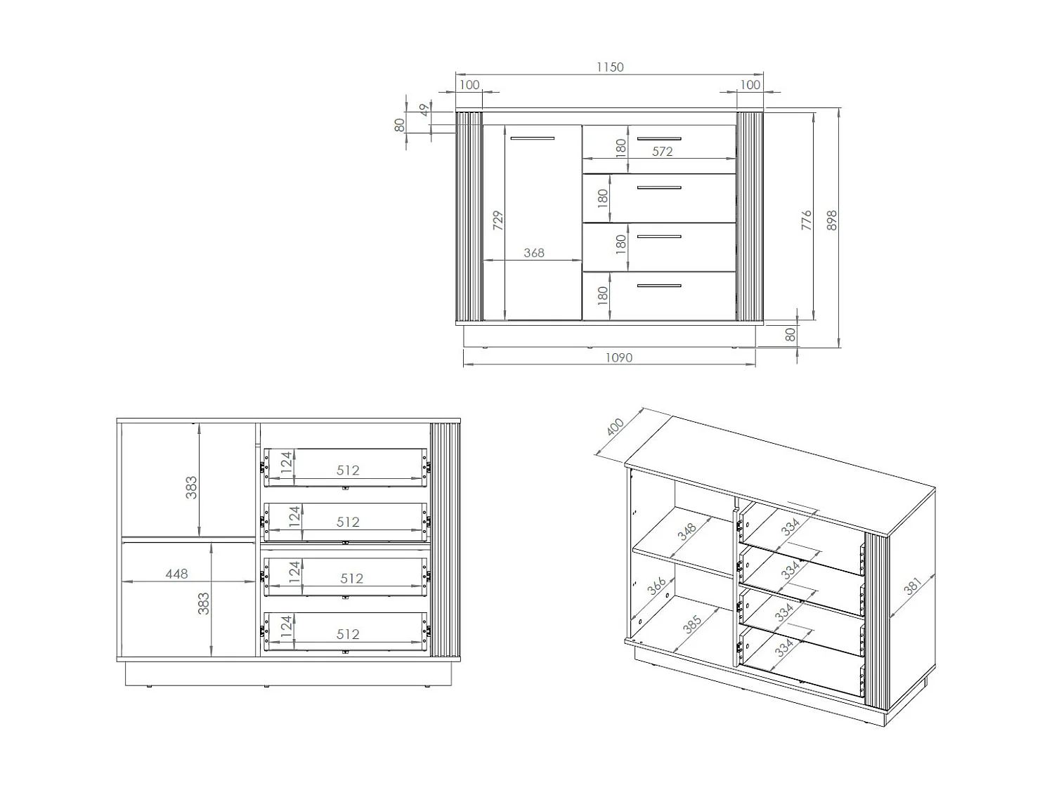KOMMODE Urso Gold Craft Eiche / Schwarz 115 / 40 / 90 cm