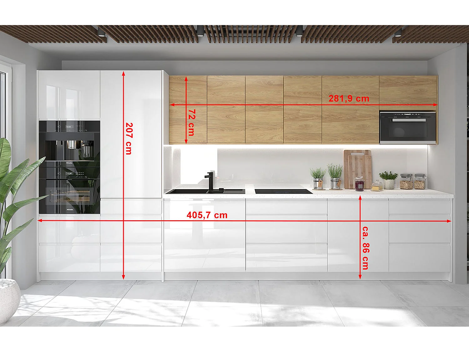 KÜCHENZEILE Avellino 10-teilig weiß matt / weiß Acryl Hochglanz / Hockory Natur 10-teilig