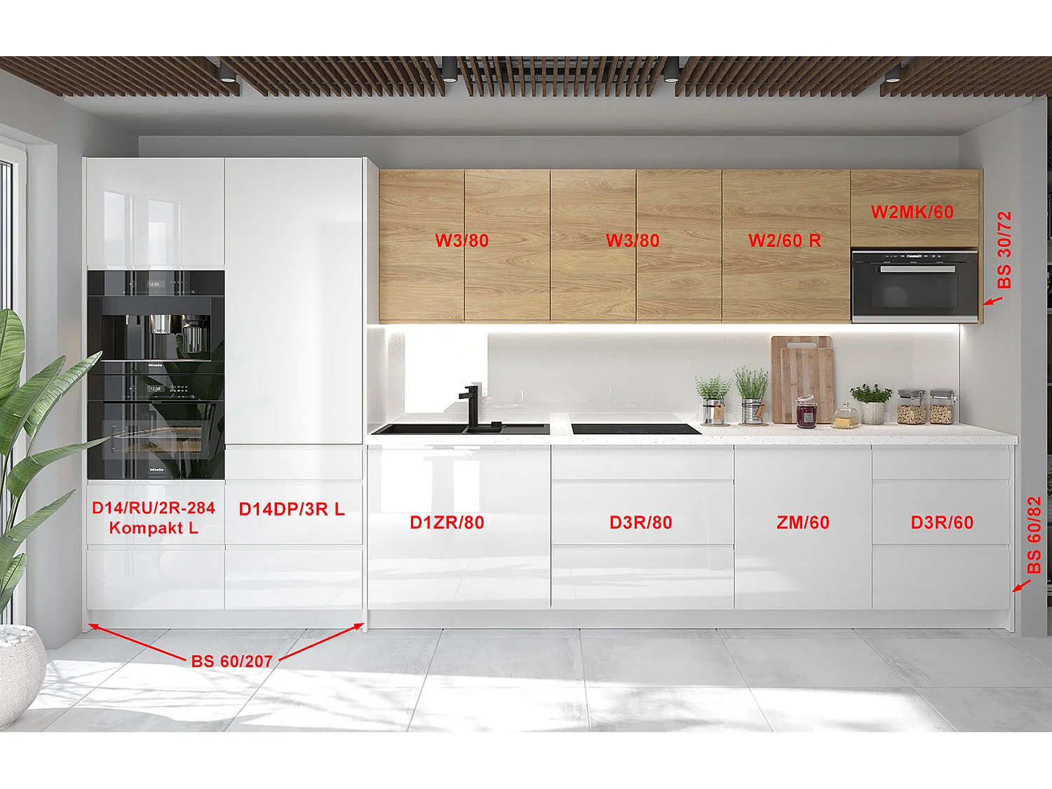 KÜCHENZEILE Avellino 10-teilig weiß matt / weiß Acryl Hochglanz / Hockory Natur 10-teilig