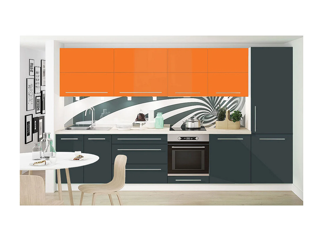 KÜCHENLEERBLOCK Brerra Granitgrau & Pastellorange Hochglanz / Weiß Matt 10-teilig