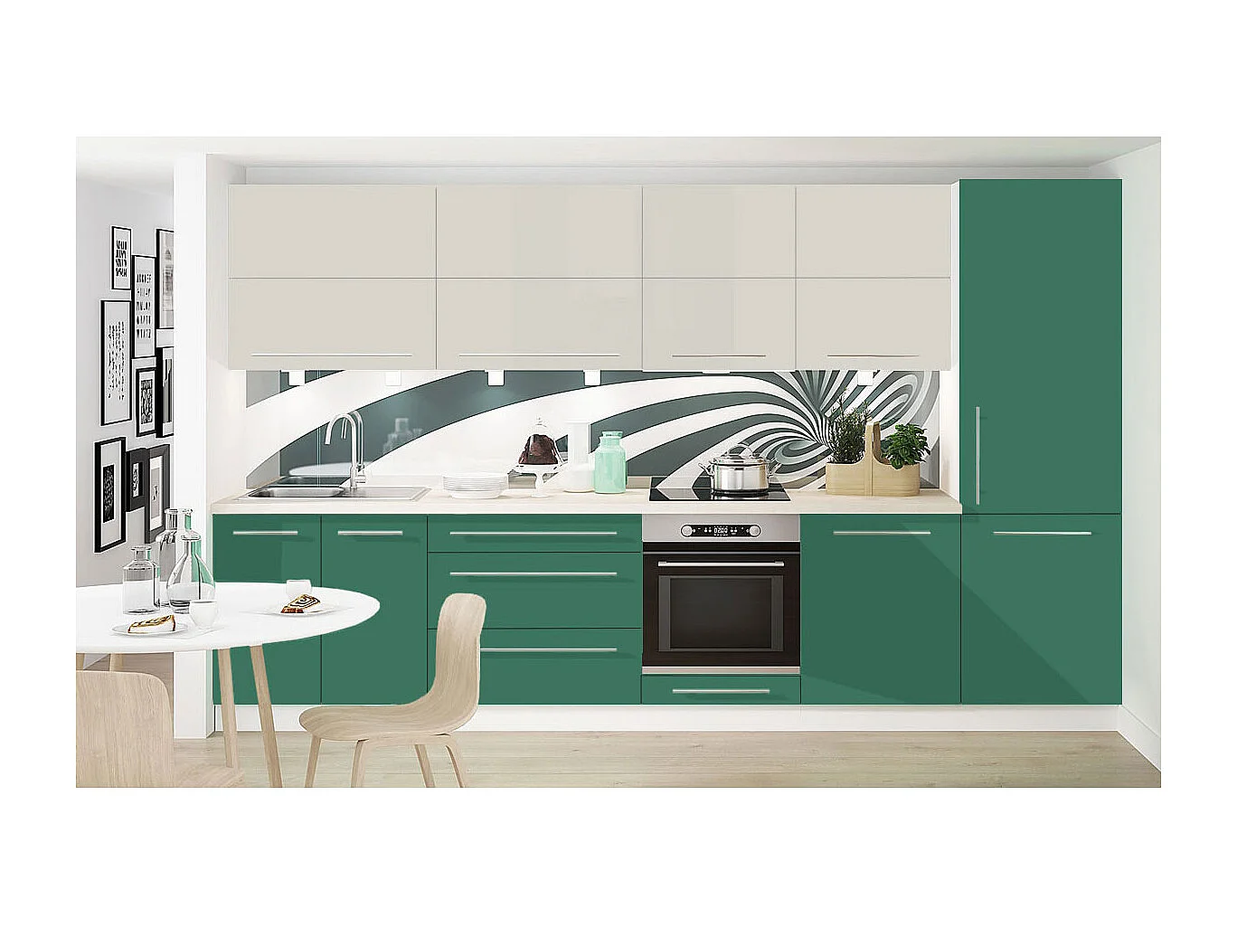 KÜCHENLEERBLOCK Brerra Patinagrün & Grauweiß Hochglanz / Weiß Matt 10-teilig