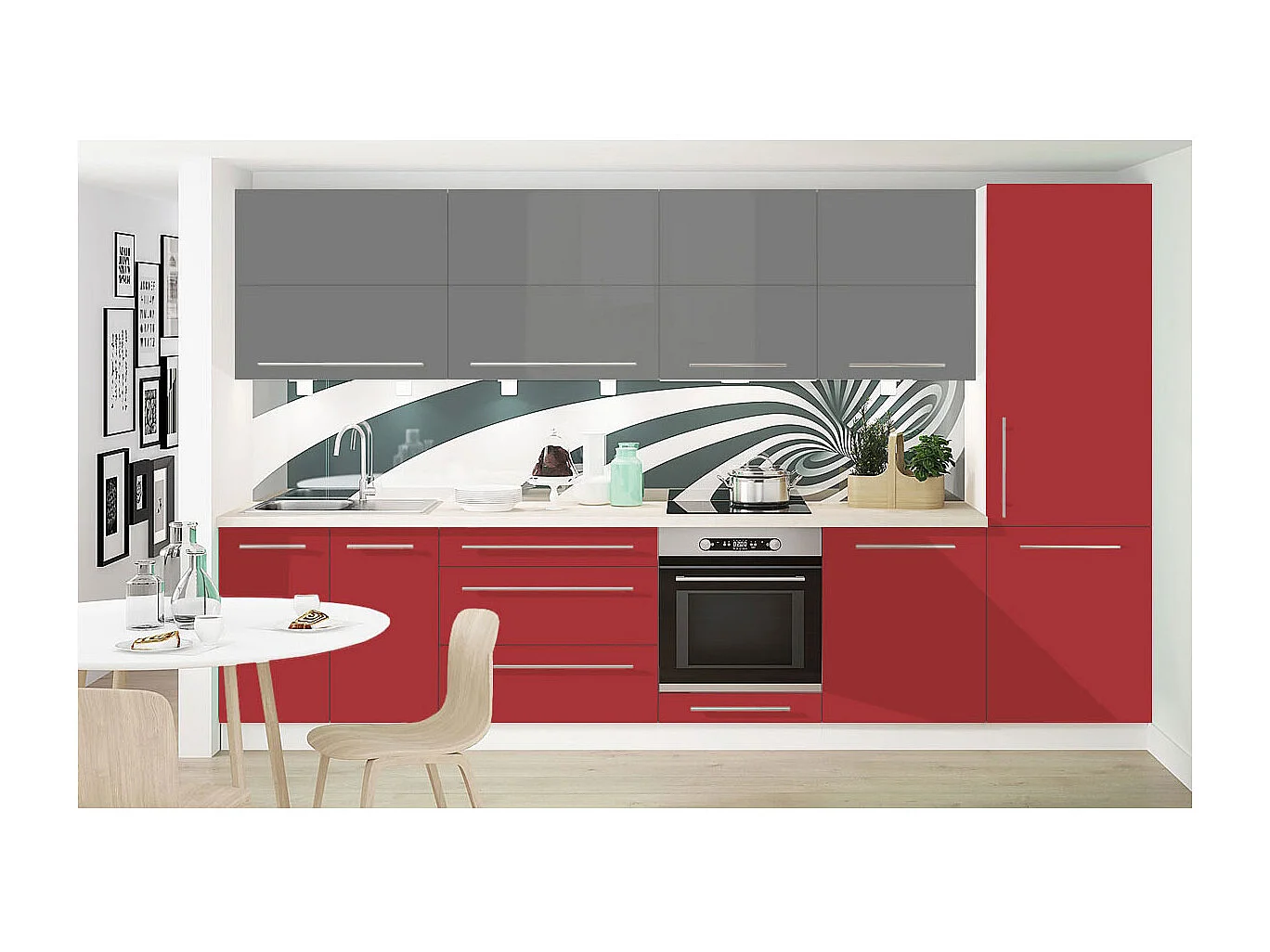 KÜCHENLEERBLOCK Brerra Orientrot & Staubgrau Hochglanz / Weiß Matt 10-teilig