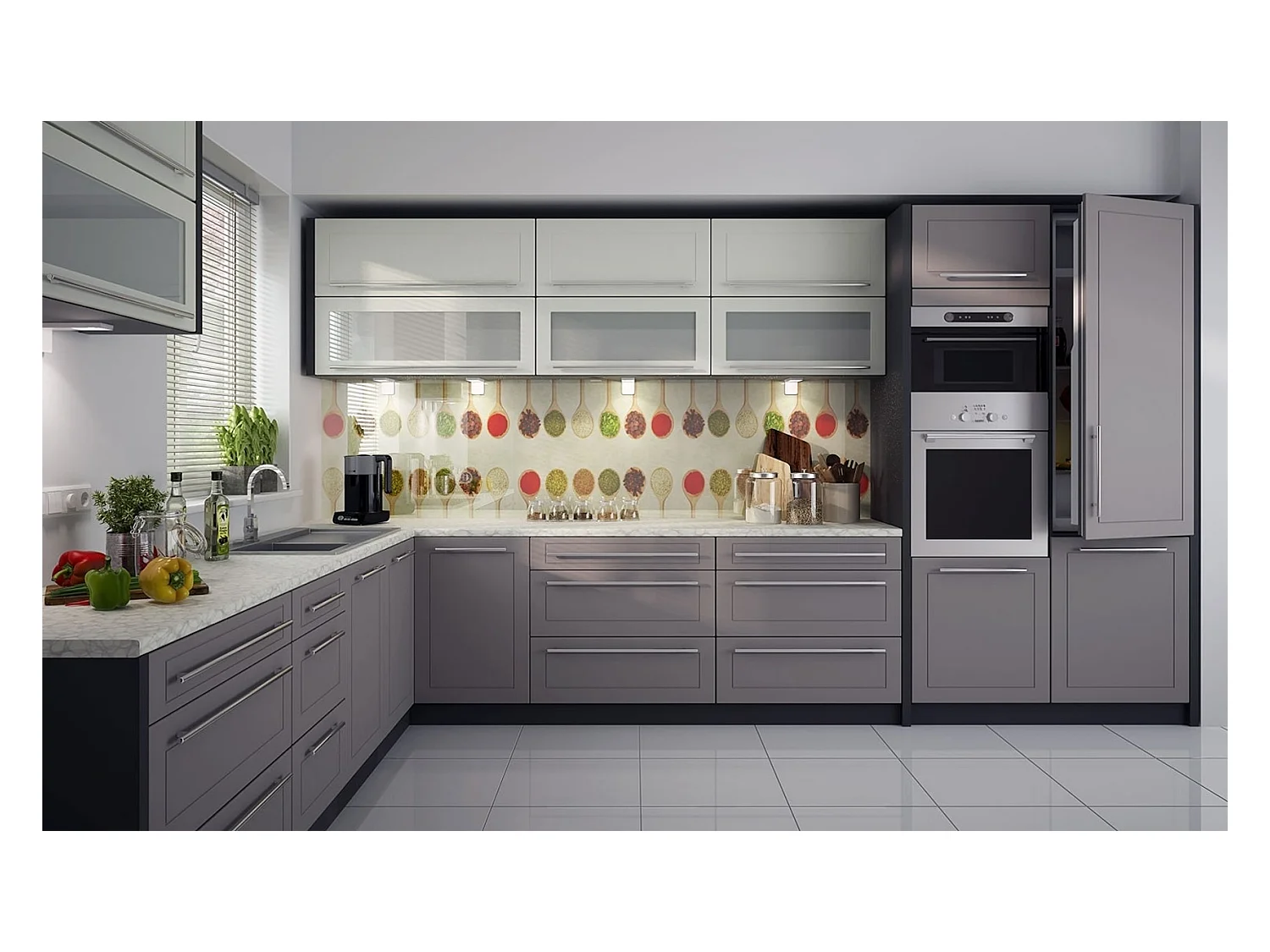 KÜCHENZEILE L-FORM Kvantum M1 lava / vanille beige matt 250 / 385 / 207cm 14-teilig