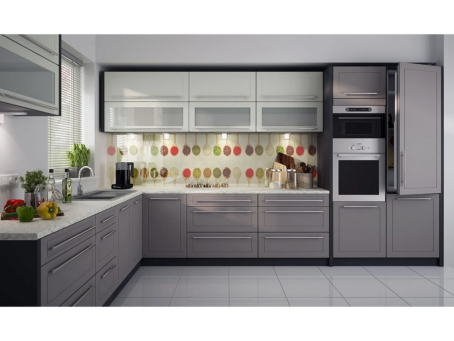 KÜCHENZEILE L-FORM Kvantum M1 lava / vanille beige matt 250 / 385 / 207cm 14-teilig