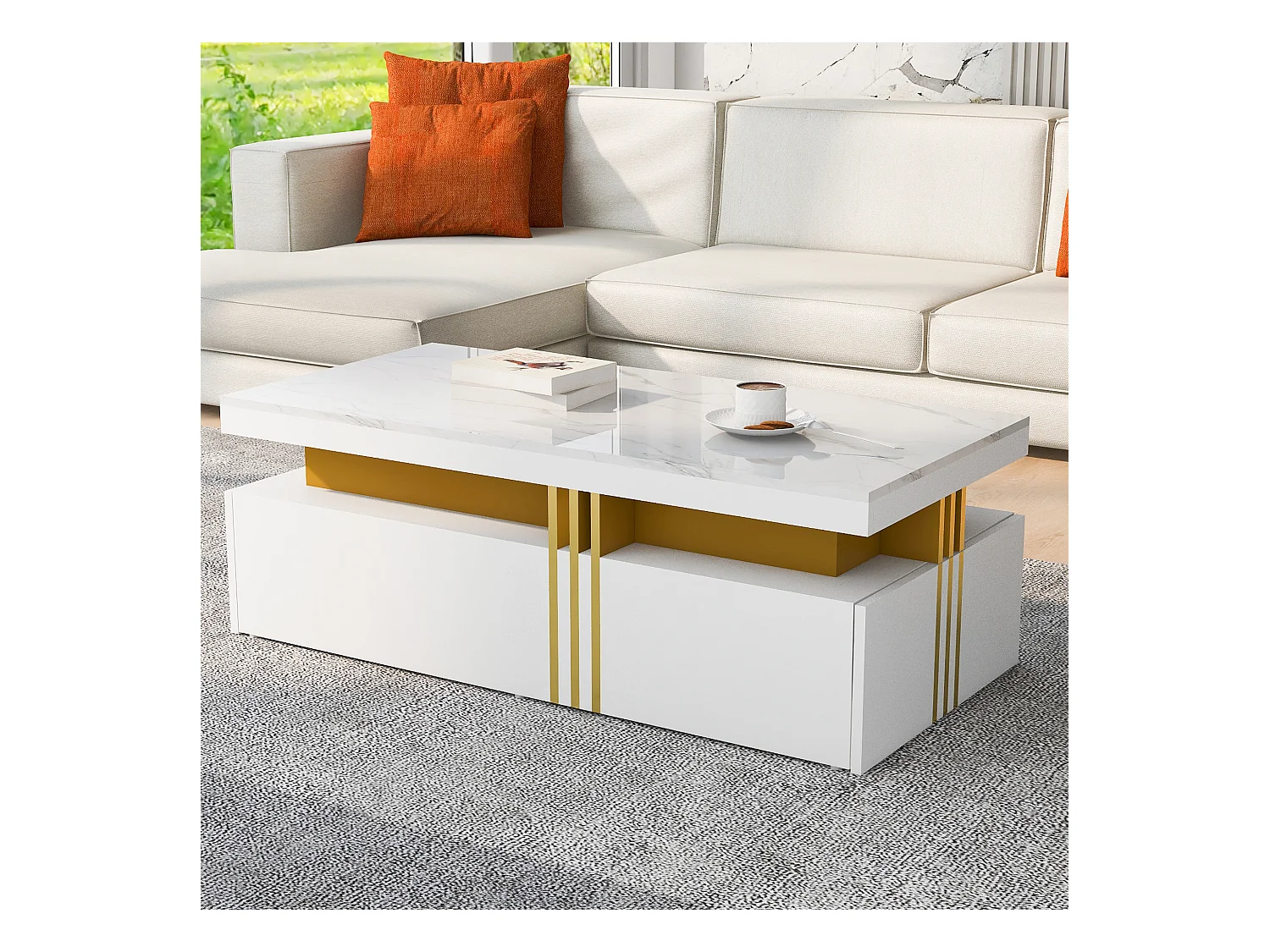 Table basse rectangulaire - Table basse avec 2 tiroirs et plateau brillant - plateau en marbre blanc - pour salon