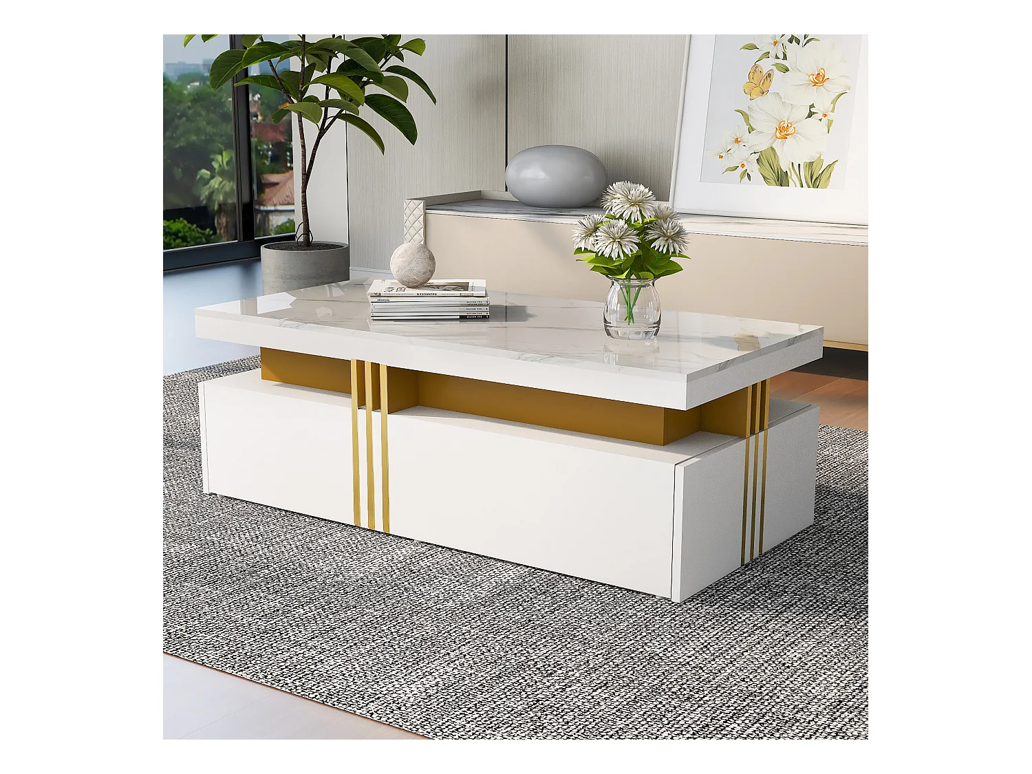 Table basse rectangulaire - Table basse avec 2 tiroirs et plateau brillant - plateau en marbre blanc - pour salon