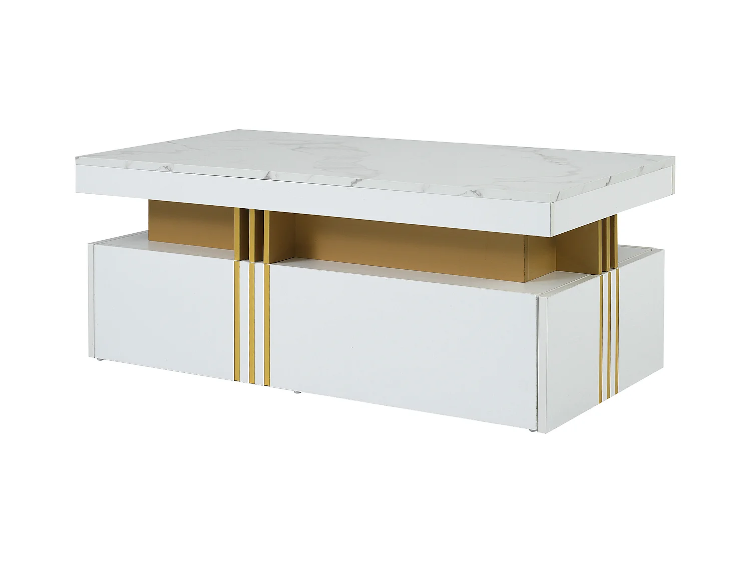 Table basse rectangulaire - Table basse avec 2 tiroirs et plateau brillant - plateau en marbre blanc - pour salon