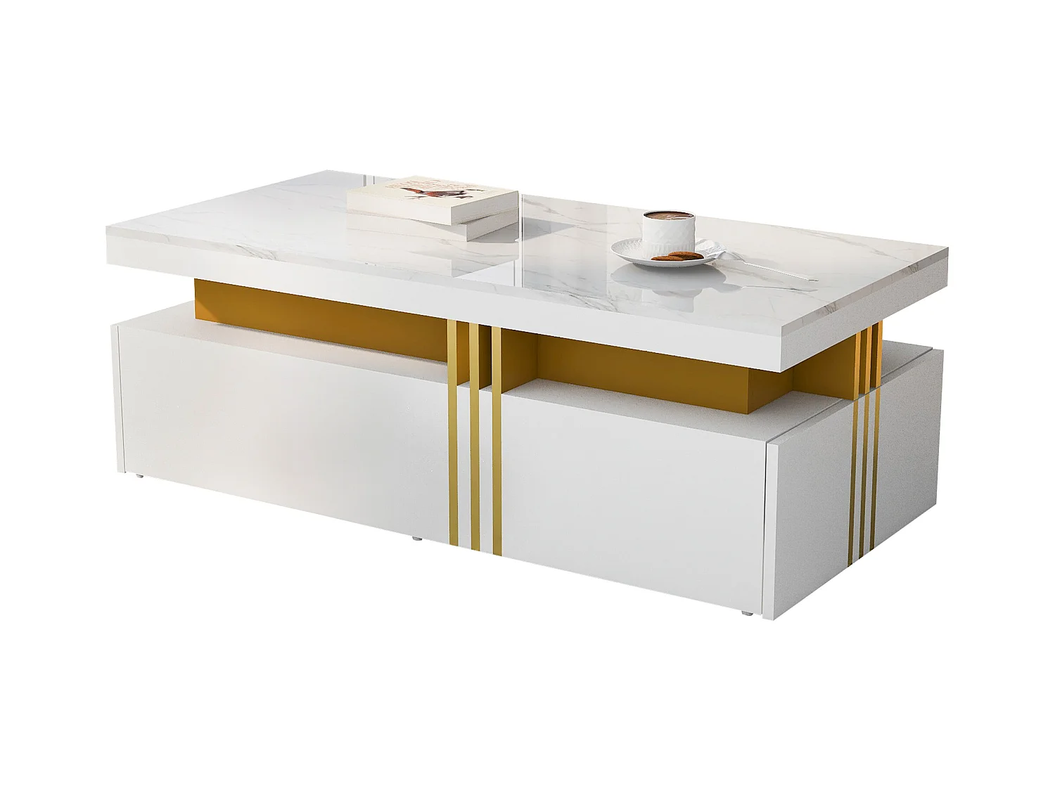 Table basse rectangulaire - Table basse avec 2 tiroirs et plateau brillant - plateau en marbre blanc - pour salon