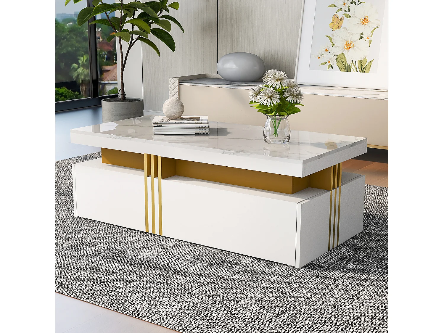 Table basse rectangulaire - Table basse avec 2 tiroirs et plateau brillant - plateau en marbre blanc - pour salon